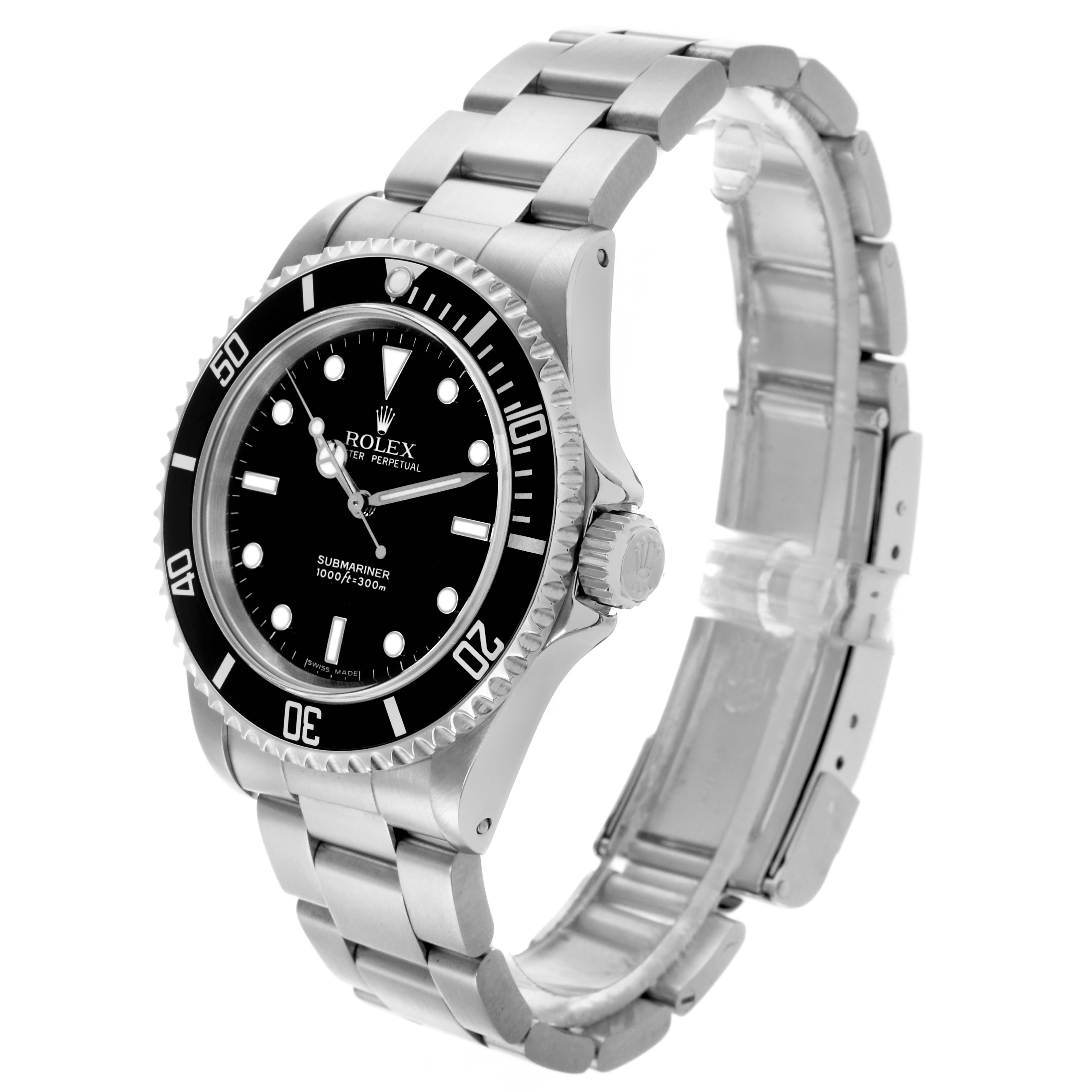 The Rolex Submariner 14060M Men's Stainless Steel Black Dial 14060M Men's Stainless Steel Black Dial is shown at an angle highlighting the watch face, bezel, crown, and partial bracelet.
