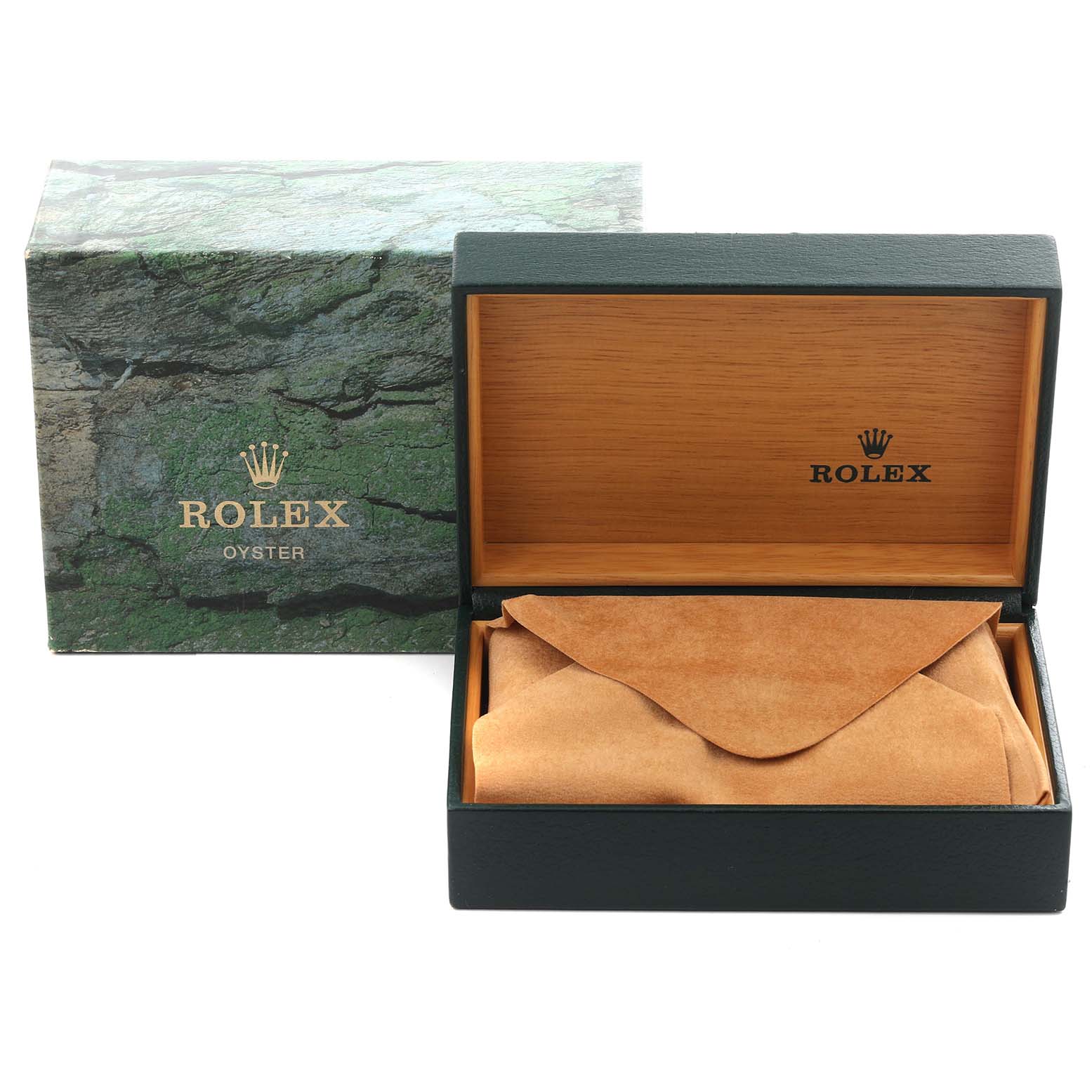 The image shows a Rolex Submariner 14060M Men's Stainless Steel Black Dial 14060M Men's Stainless Steel Black Dial watch box and cover at an angle that reveals the open case with a suede cloth inside.