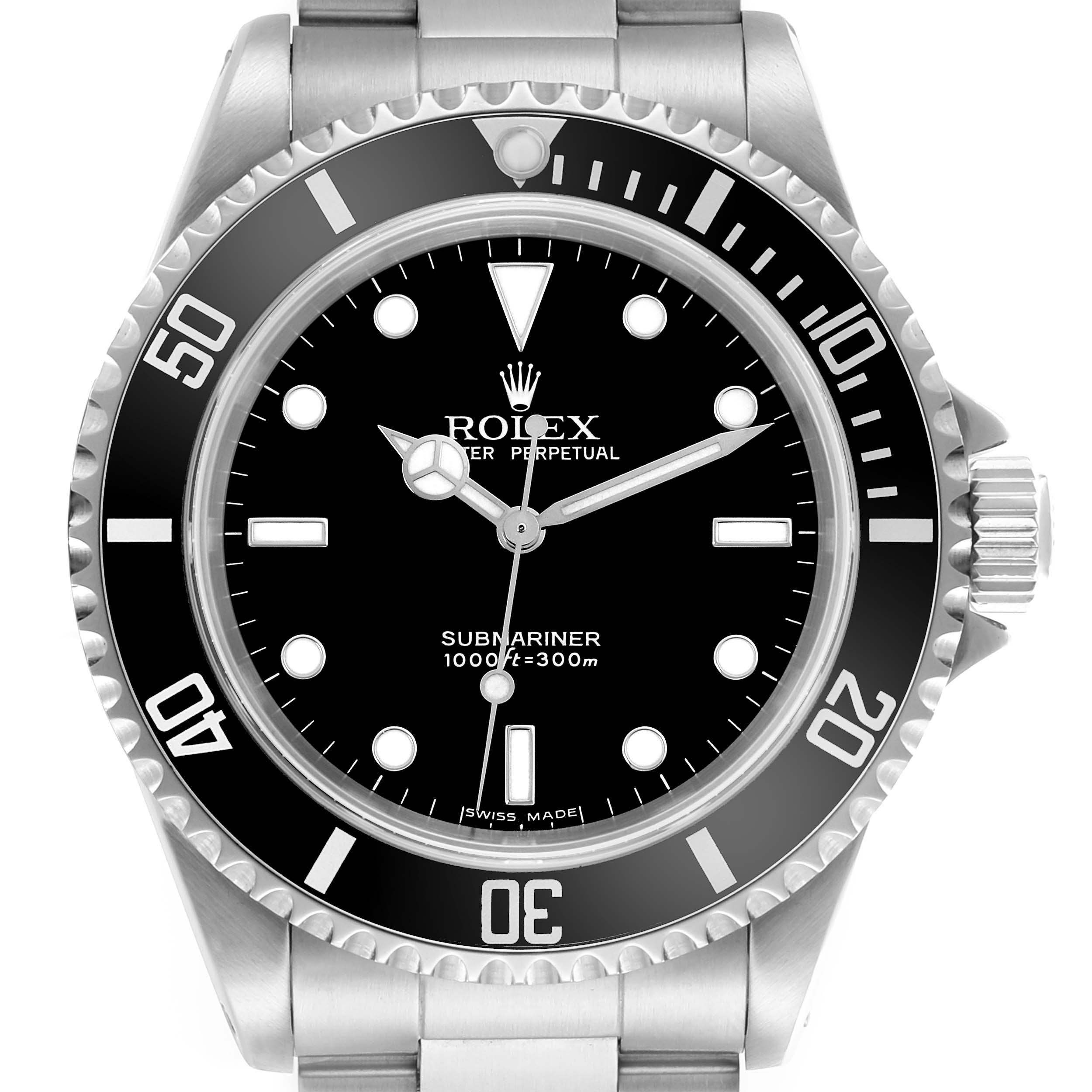 The Rolex Submariner 14060M Men's Stainless Steel Black Dial 14060M Men's Stainless Steel Black Dial watch is shown from the front, highlighting the dial, bezel, and part of the bracelet.