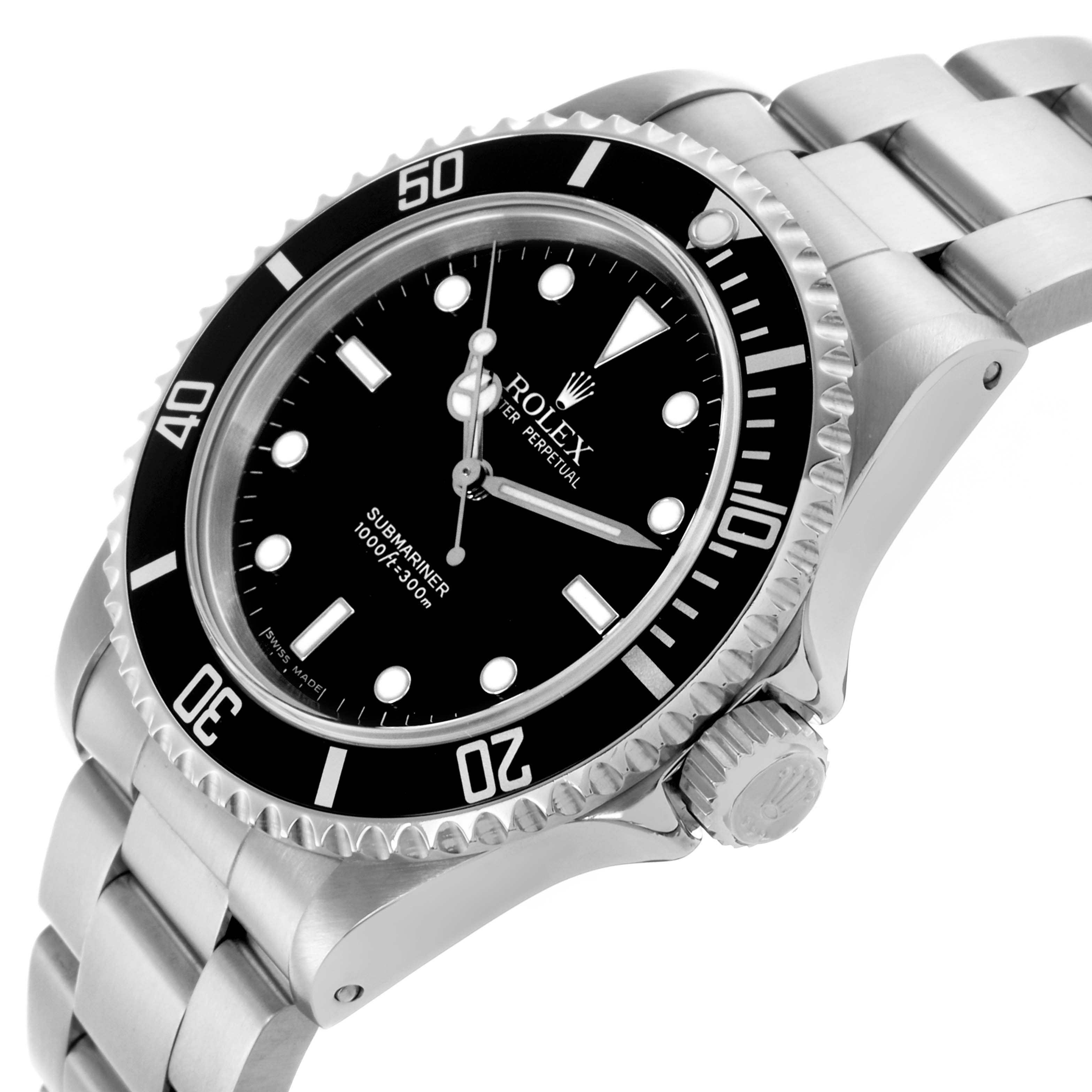 The Rolex Submariner 14060M Men's Stainless Steel Black Dial 14060M Men's Stainless Steel Black Dial is shown at an angle highlighting its black dial, bezel, crown, and stainless steel bracelet.