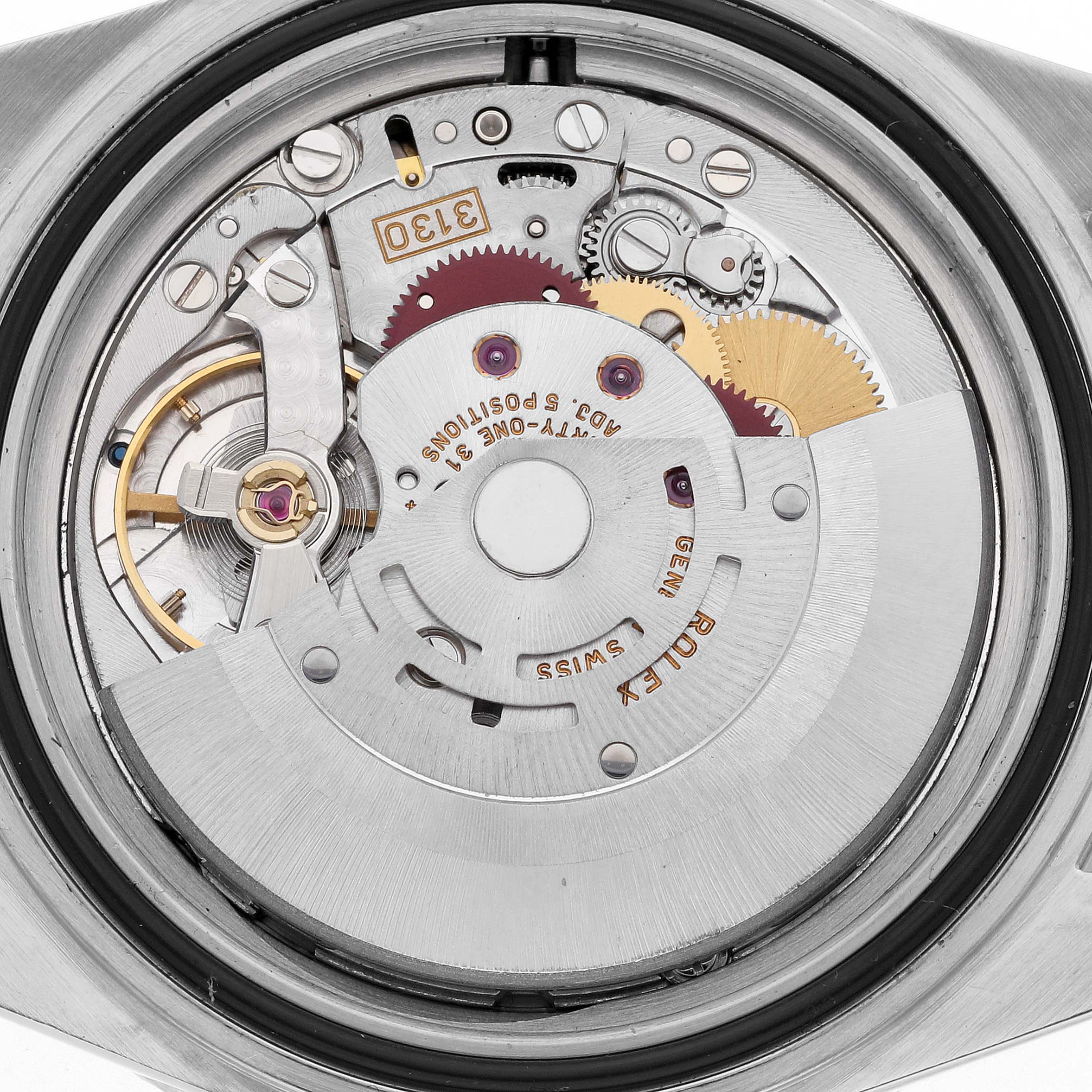 The image shows the movement and internal mechanics of a Rolex Submariner 14060M Men's Stainless Steel Black Dial 14060M Men's Stainless Steel Black Dial watch viewed from the back.