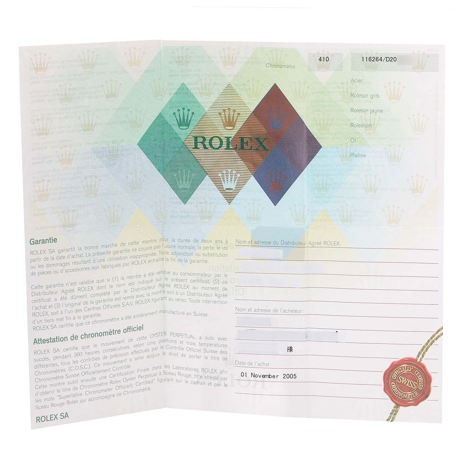 The image shows a warranty certificate for a Rolex Turn-o-Graph 116264 Men
s Stainless Steel White Dial 116264 Men
s Stainless Steel White Dial watch, including purchase details and brand information.