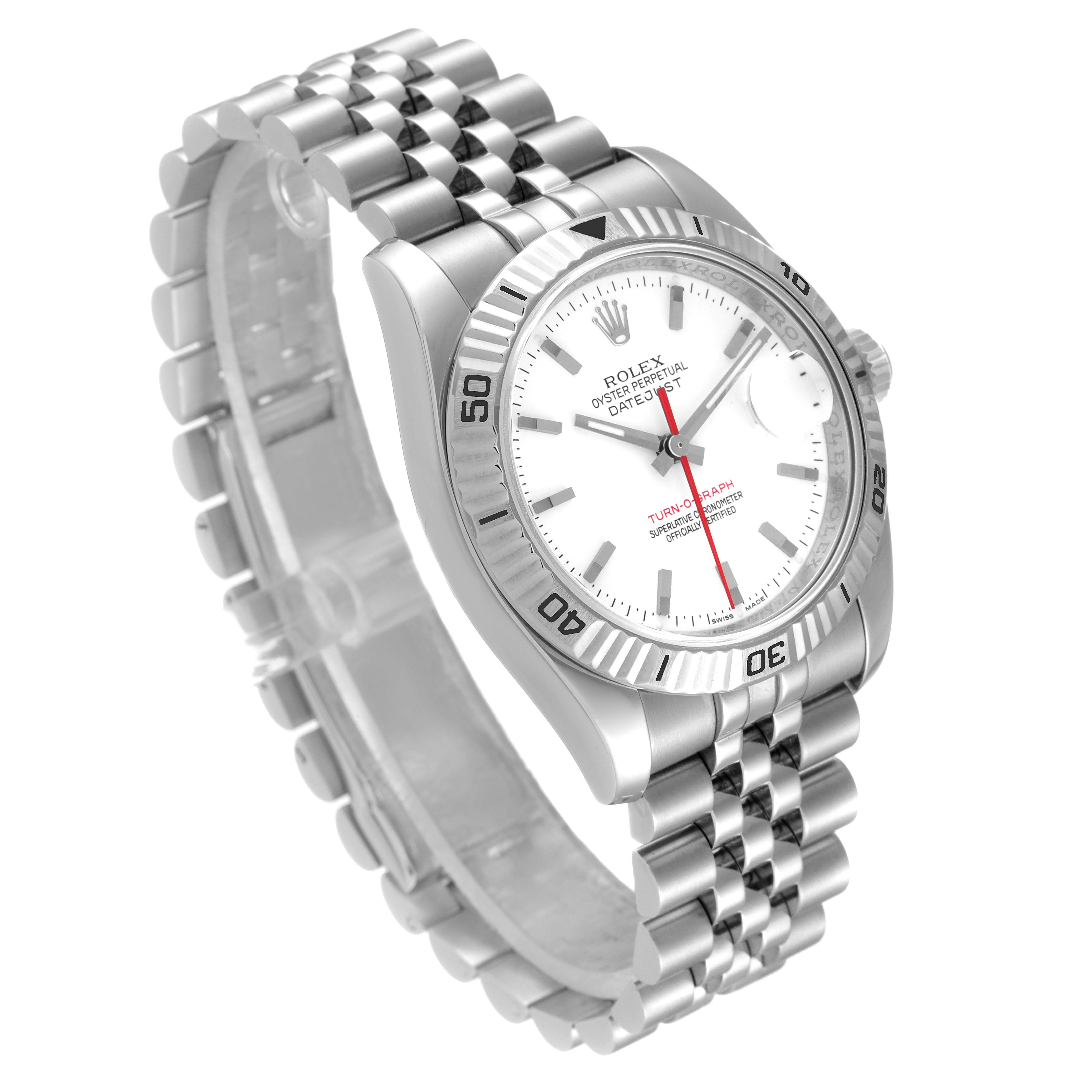 The image shows a Rolex Turn-o-Graph 116264 Men
s Stainless Steel White Dial 116264 Men
s Stainless Steel White Dial watch from an angled perspective, highlighting the face, bezel, and bracelet.