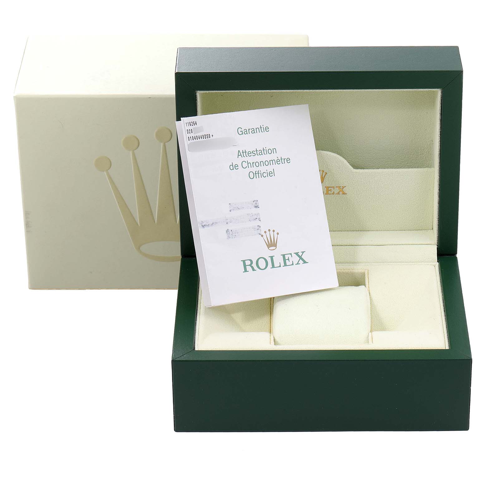The image shows the packaging, including the box and documentation, for the Rolex Turn-o-Graph 116264 Men
s Stainless Steel White Dial 116264 Men
s Stainless Steel White Dial model.