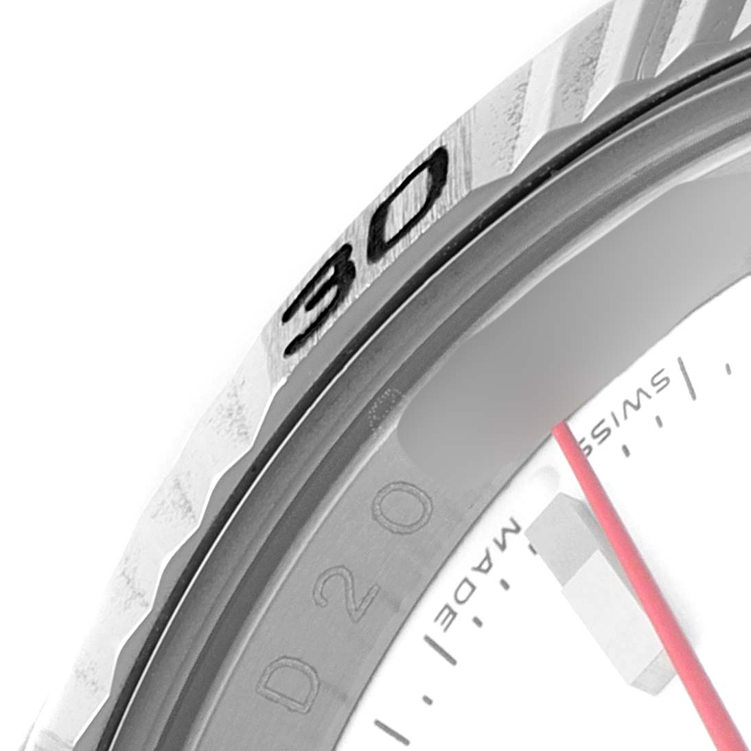 The image shows a close-up of the bezel and part of the dial of the Rolex Turn-o-Graph 116264 Men
s Stainless Steel White Dial 116264 Men
s Stainless Steel White Dial model watch.