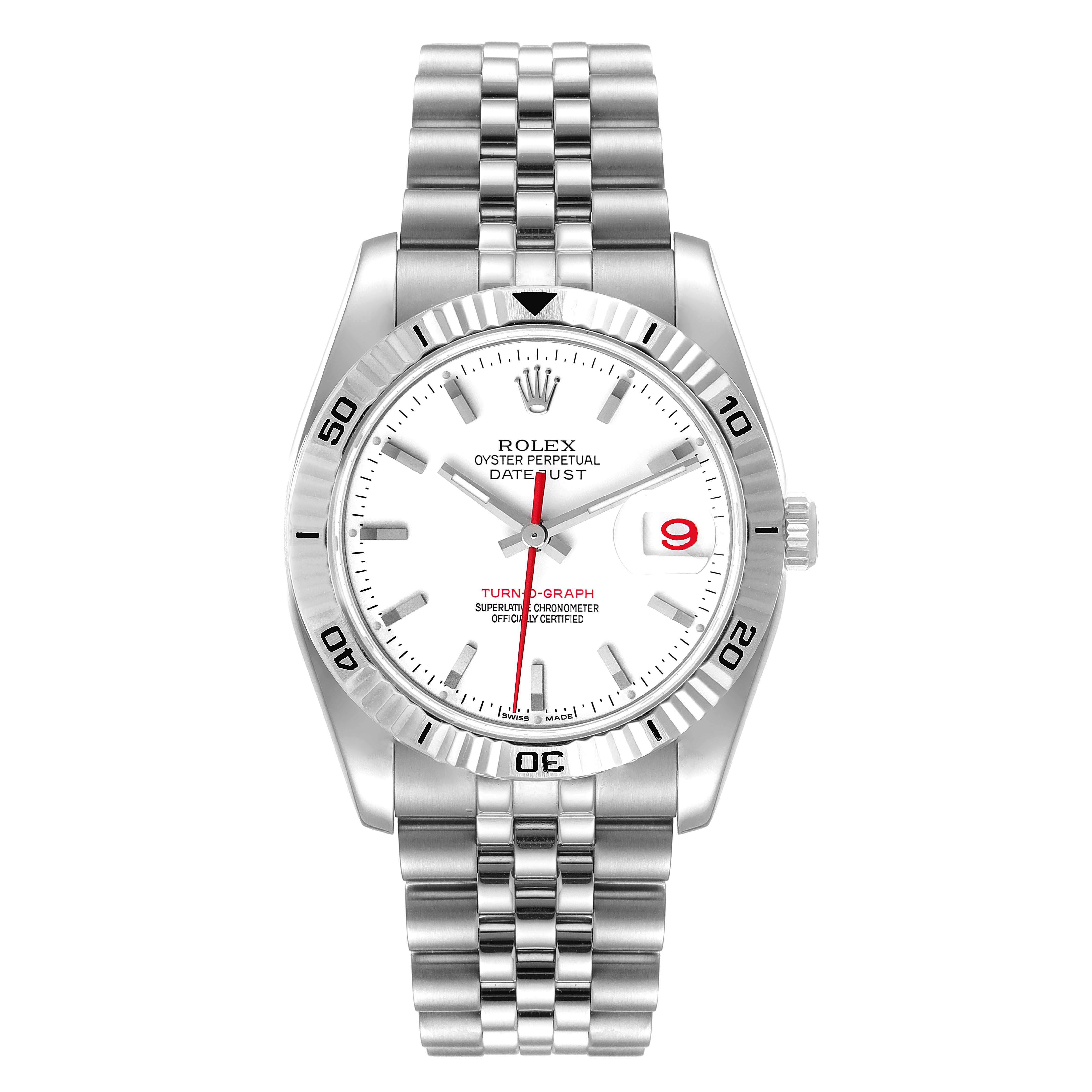 The image shows a front view of a Rolex Turn-o-Graph 116264 Men
s Stainless Steel White Dial 116264 Men
s Stainless Steel White Dial watch displaying its dial, hands, bezel, and bracelet.