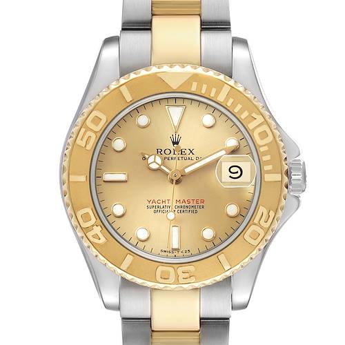 The Rolex Yacht-Master 68623 Men's Steel and Gold (two tone) Champagne Dial watch is shown from a front angle, highlighting its dial, bezel, and bracelet.
