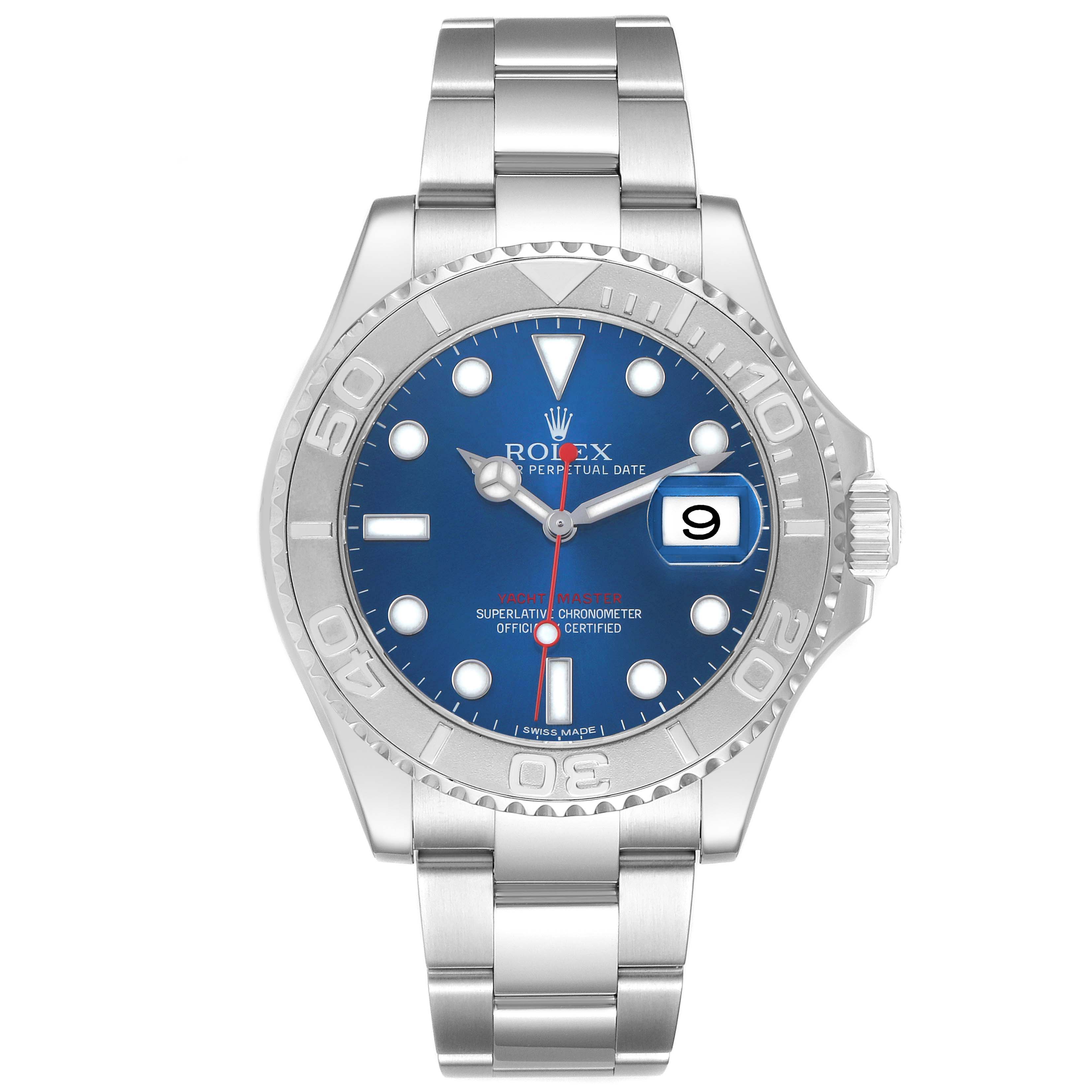 The Rolex Yacht-Master 116622 Men's Stainless Steel Blue Dial watch is shown from a front angle, highlighting the dial, bezel, and bracelet.