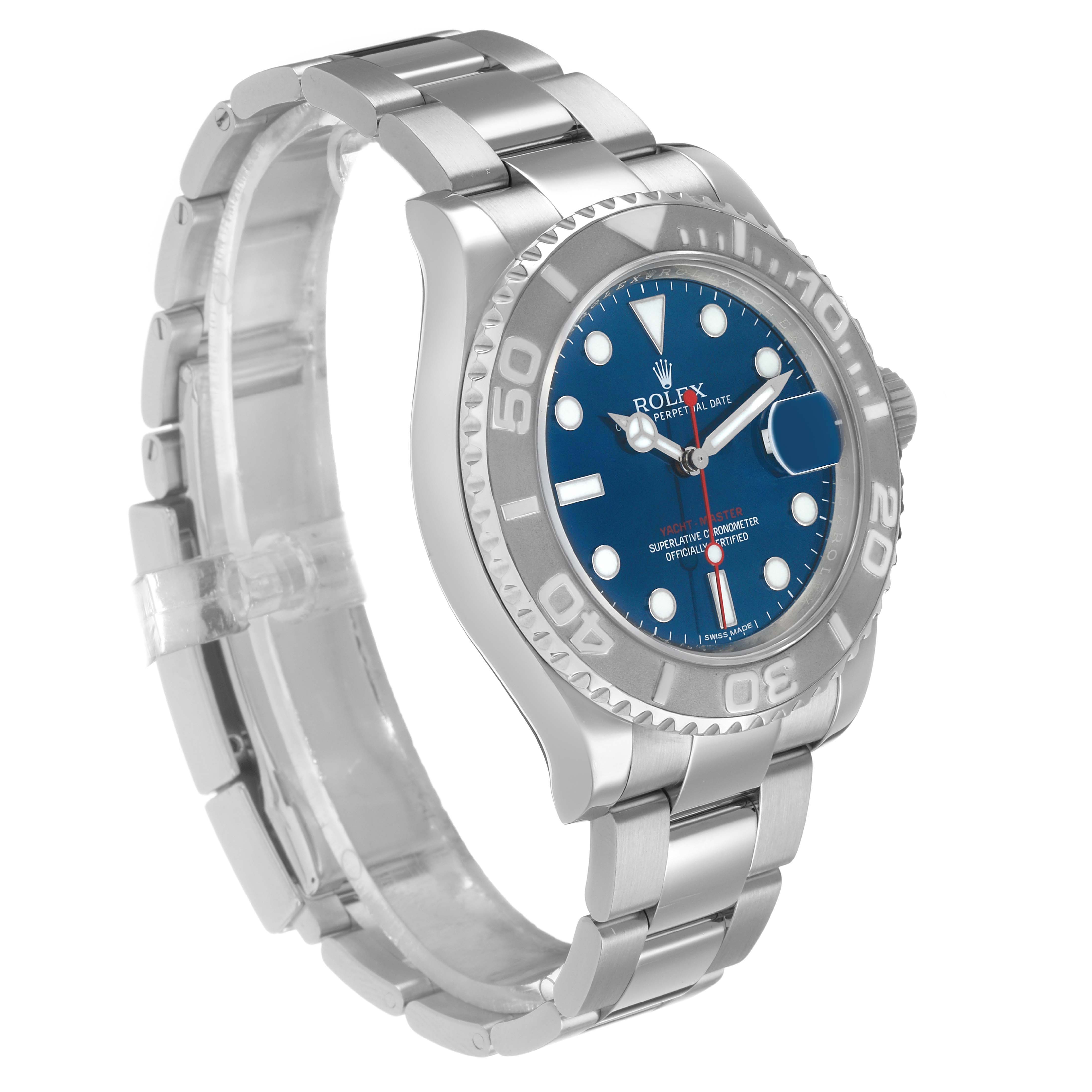 The Rolex Yacht-Master 116622 Men's Stainless Steel Blue Dial watch is shown at a three-quarter angle, displaying its face, bezel, and part of the bracelet.