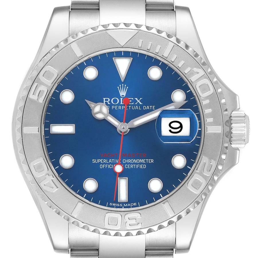 The Rolex Yacht-Master 116622 Men's Stainless Steel Blue Dial watch is shown from a front angle, displaying the blue dial, bezel, crown, and bracelet.