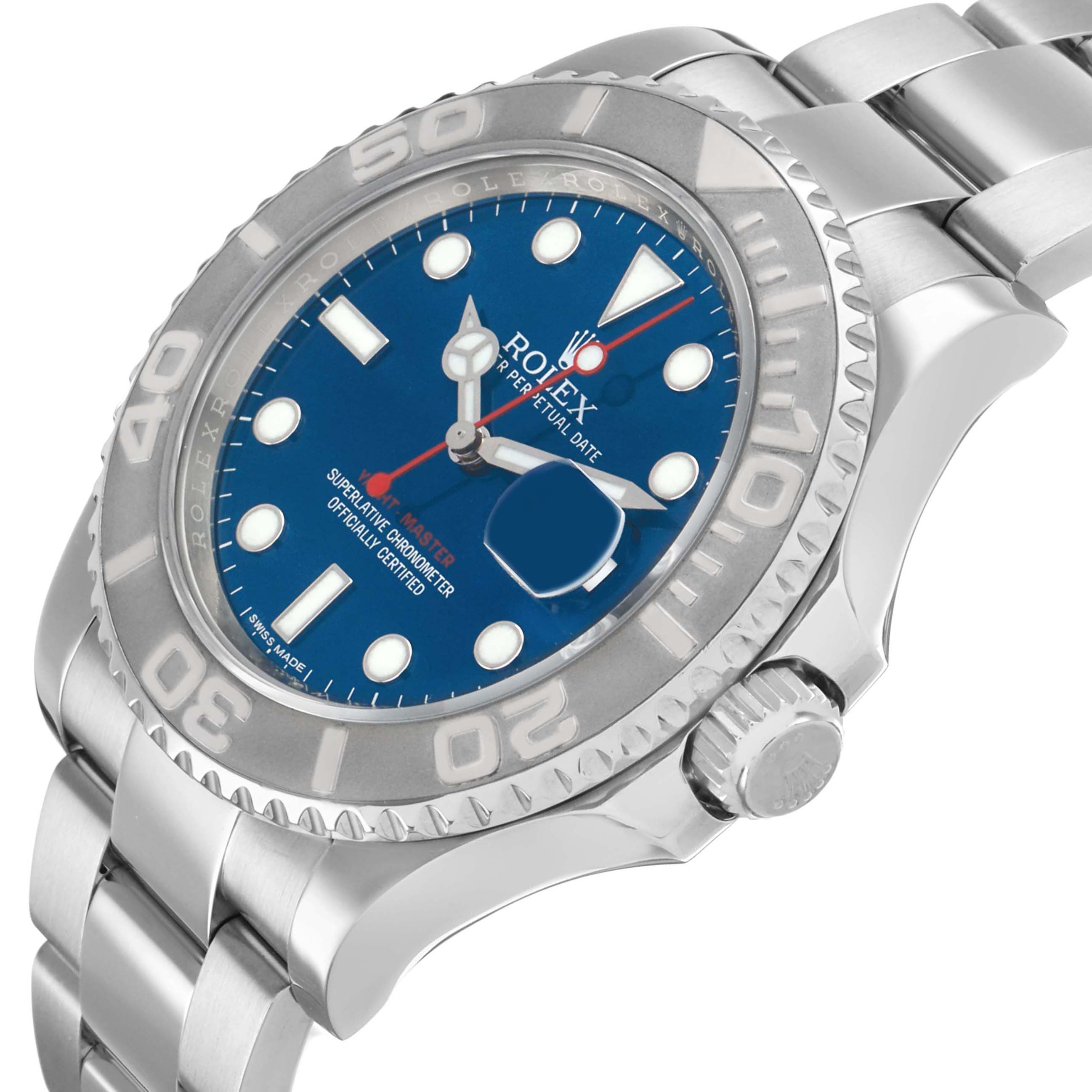 The Rolex Yacht-Master 116622 Men's Stainless Steel Blue Dial watch is shown at an angled side view, displaying the dial, bezel, crown, and part of the bracelet.
