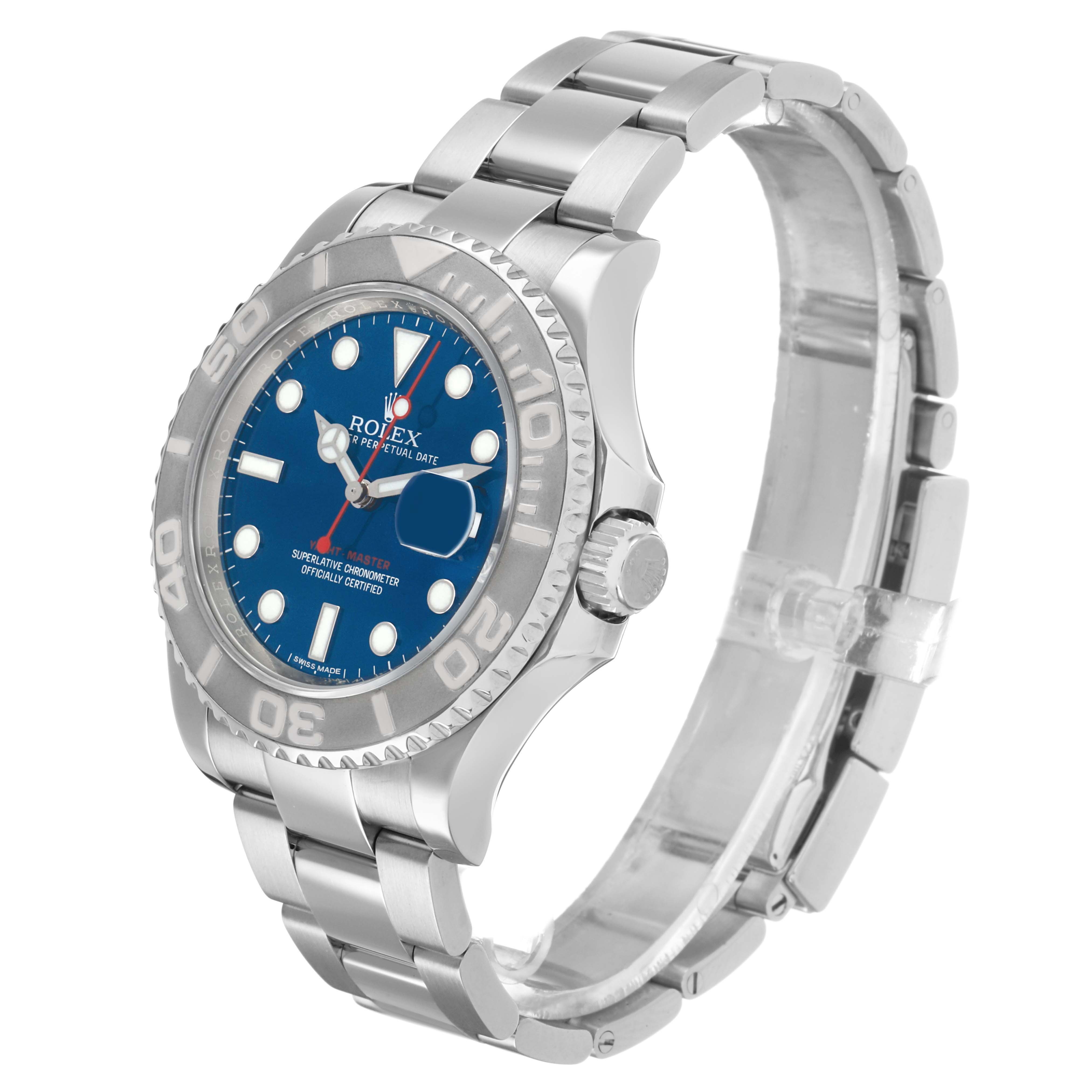 The Rolex Yacht-Master 116622 Men's Stainless Steel Blue Dial watch is shown at a three-quarter angle, highlighting the dial, bezel, crown, and bracelet.
