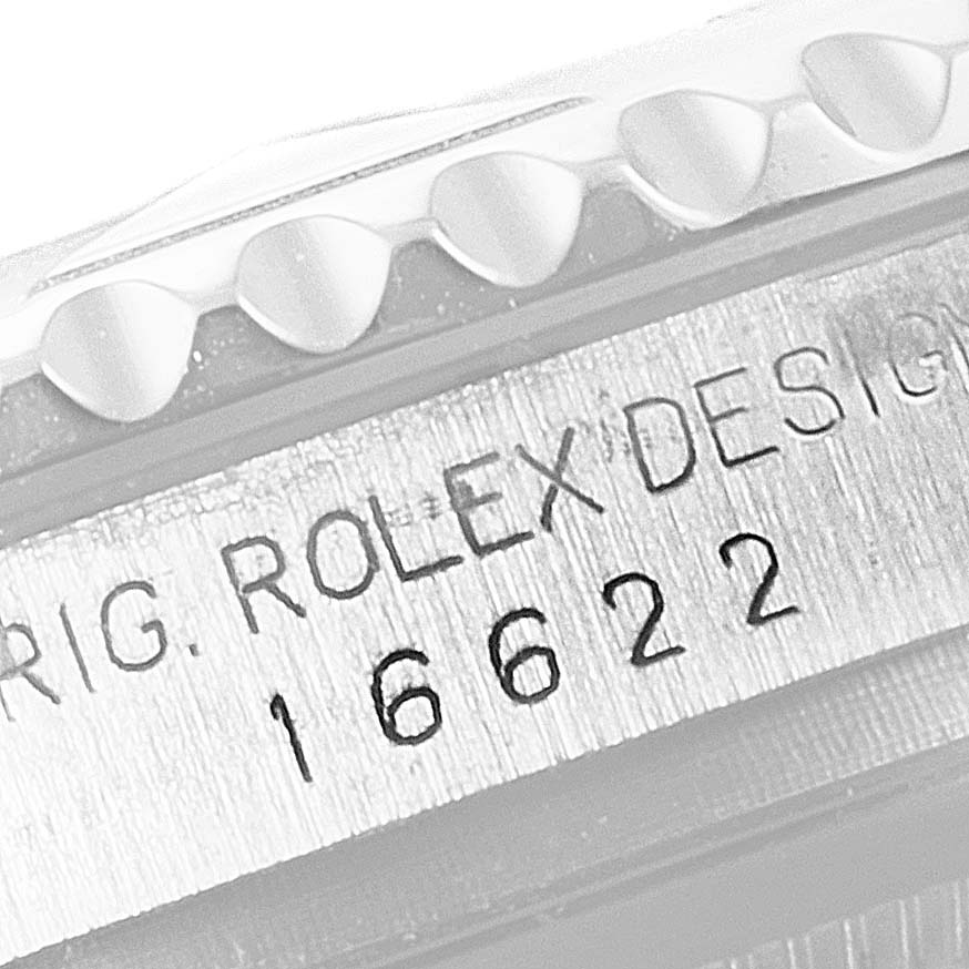 The image shows a close-up of the engraved model number 16622 and the brand name on the case of a Rolex Yacht-Master 16622 Men's Stainless Steel Silver Dial 16622 Men's Stainless Steel Silver Dial watch.