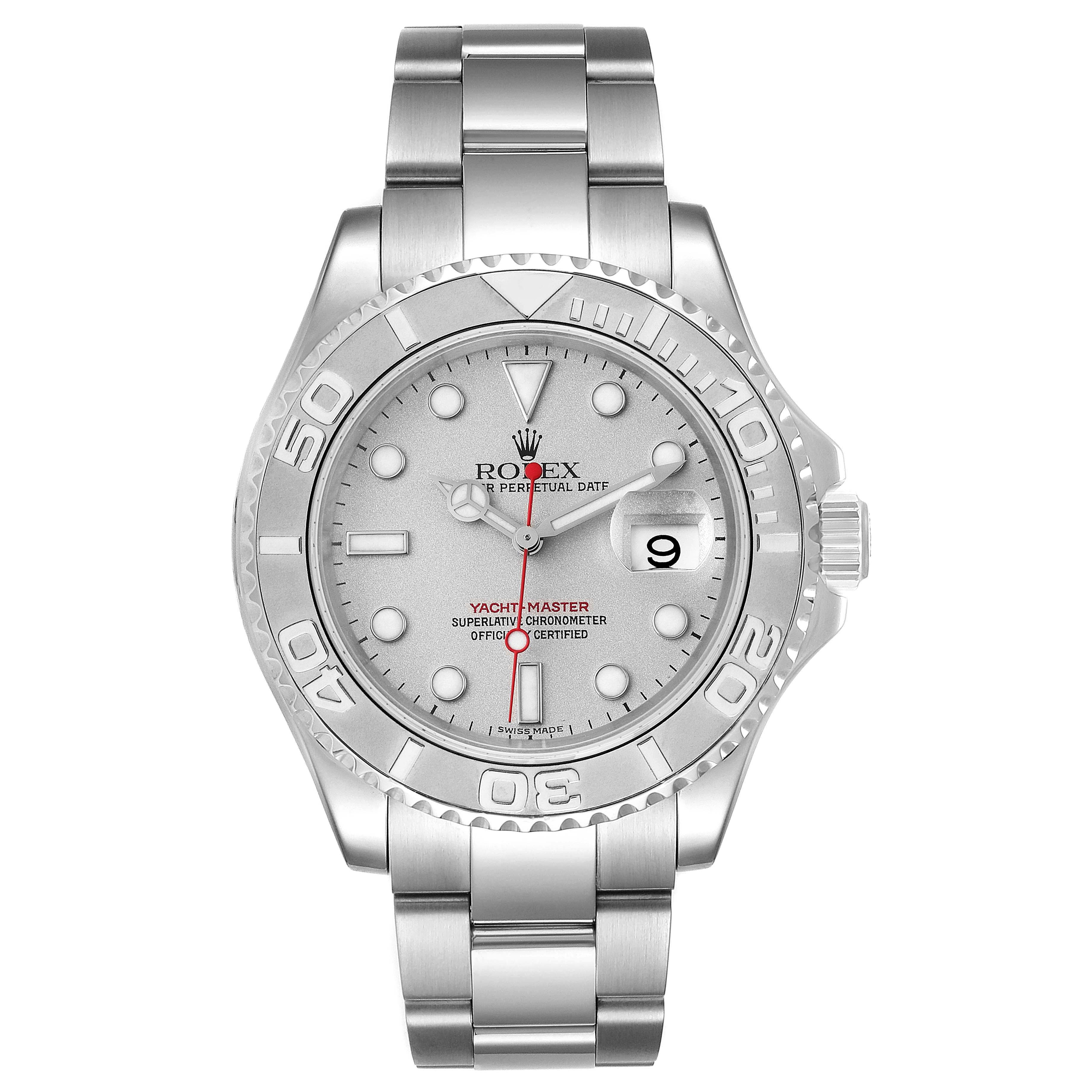 The Rolex Yacht-Master 16622 Men's Stainless Steel Silver Dial 16622 Men's Stainless Steel Silver Dial watch is shown from a front angle, displaying its face, bezel, bracelet, and crown.
