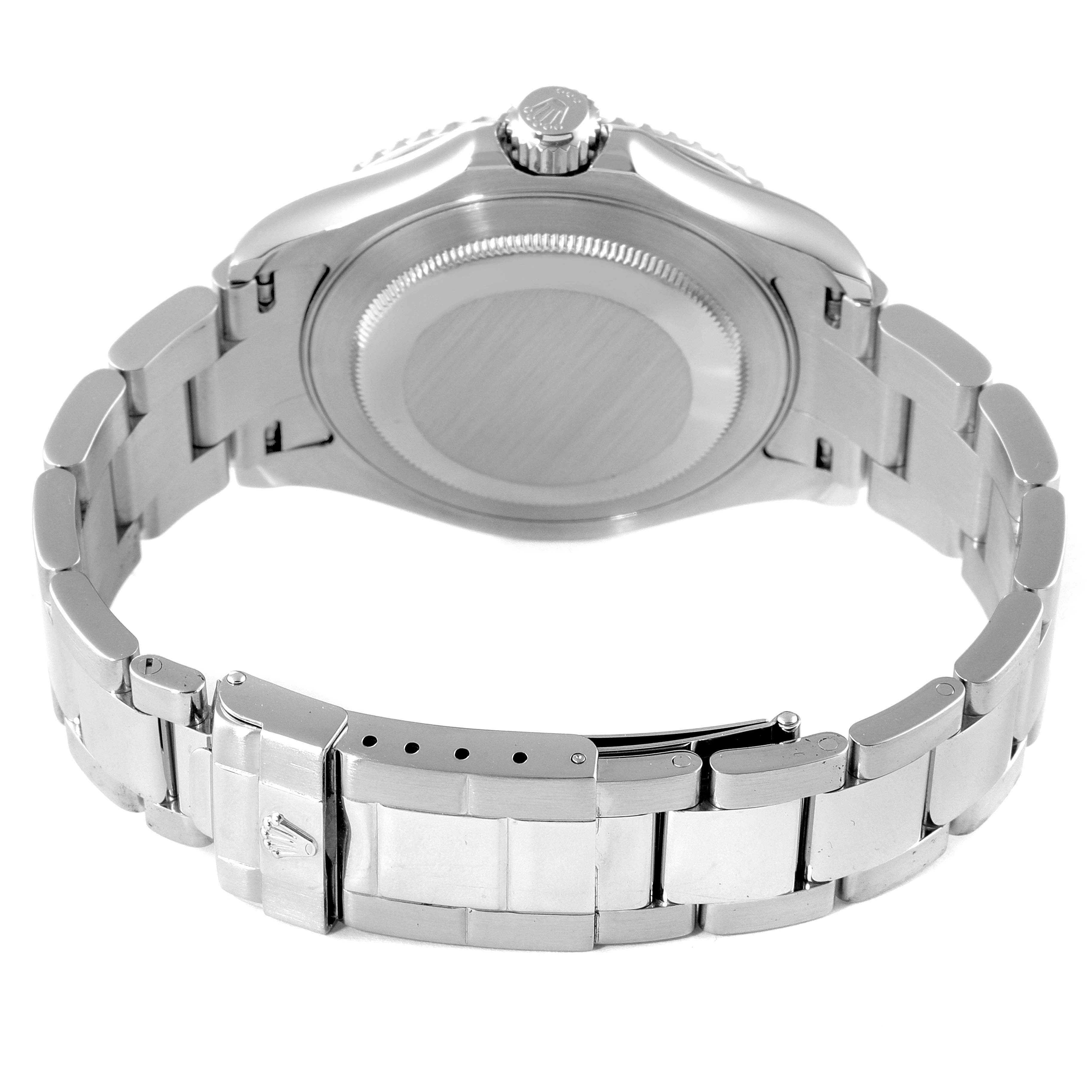 The photo shows the back view of a Rolex Yacht-Master 16622 Men's Stainless Steel Silver Dial 16622 Men's Stainless Steel Silver Dial watch, highlighting the caseback and metal bracelet.