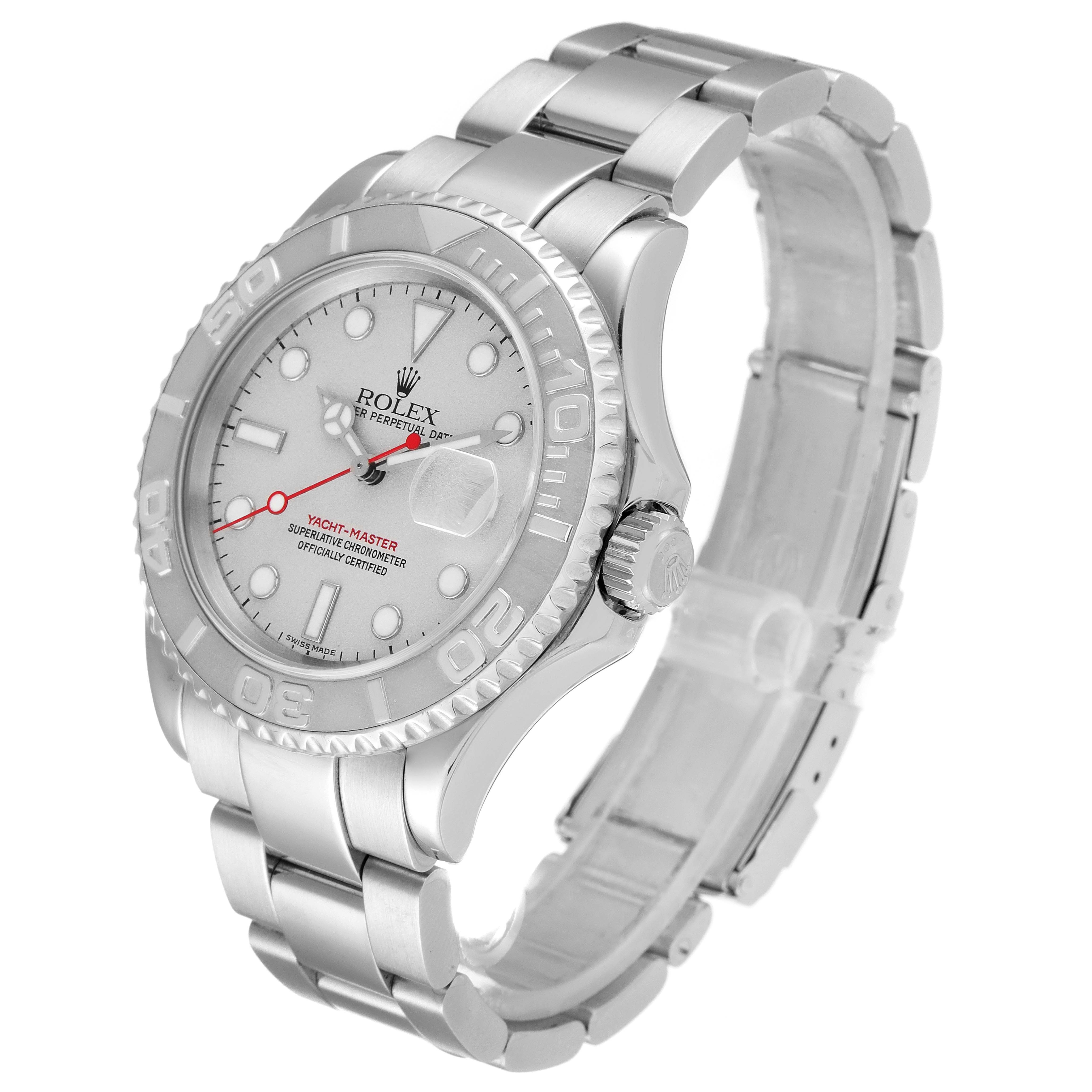 The Rolex Yacht-Master 16622 Men's Stainless Steel Silver Dial 16622 Men's Stainless Steel Silver Dial watch is shown at a three-quarter angle highlighting the bezel, dial, crown, and bracelet.