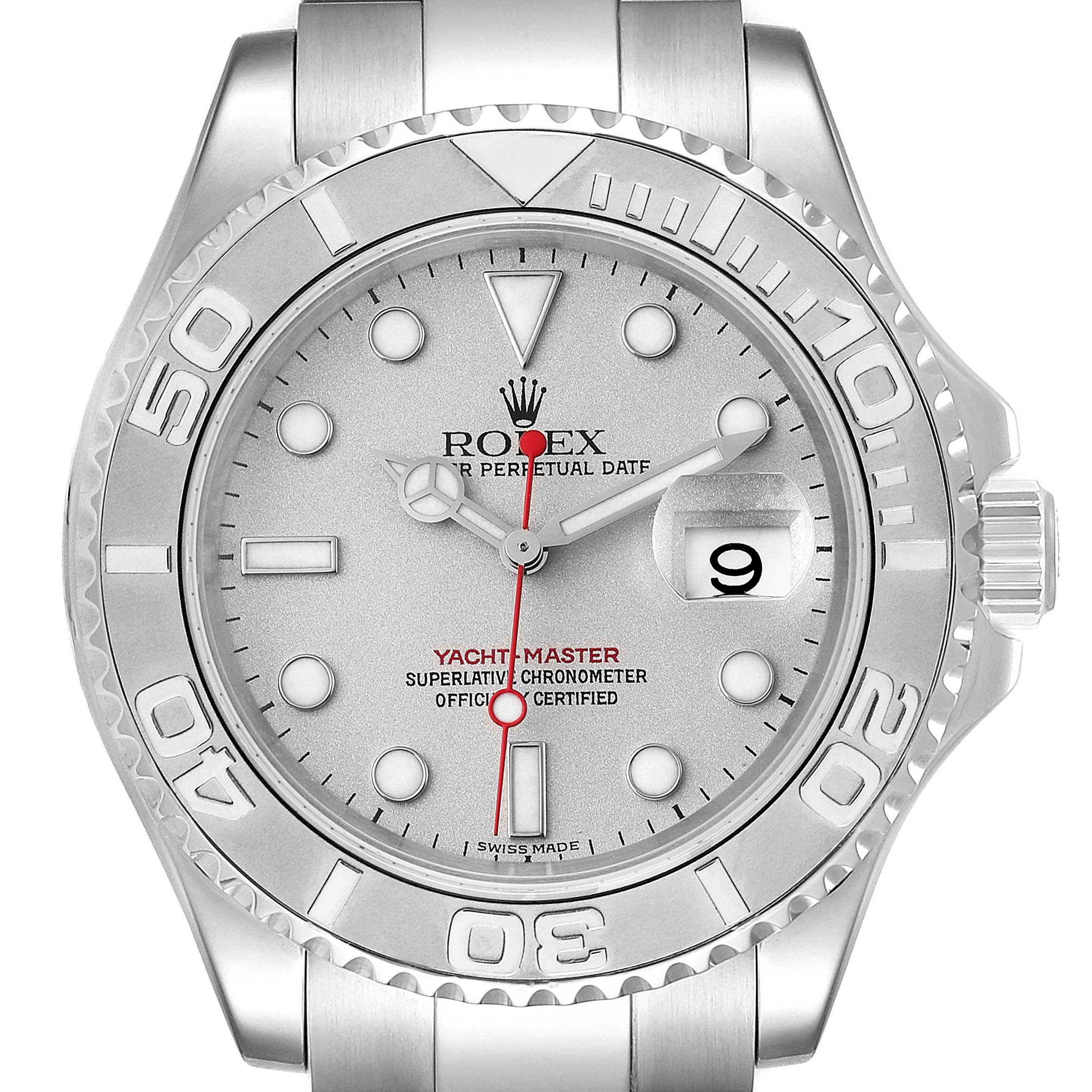 The image shows the front face of the Rolex Yacht-Master 16622 Men's Stainless Steel Silver Dial 16622 Men's Stainless Steel Silver Dial watch, highlighting the dial, bezel, hands, and date window.