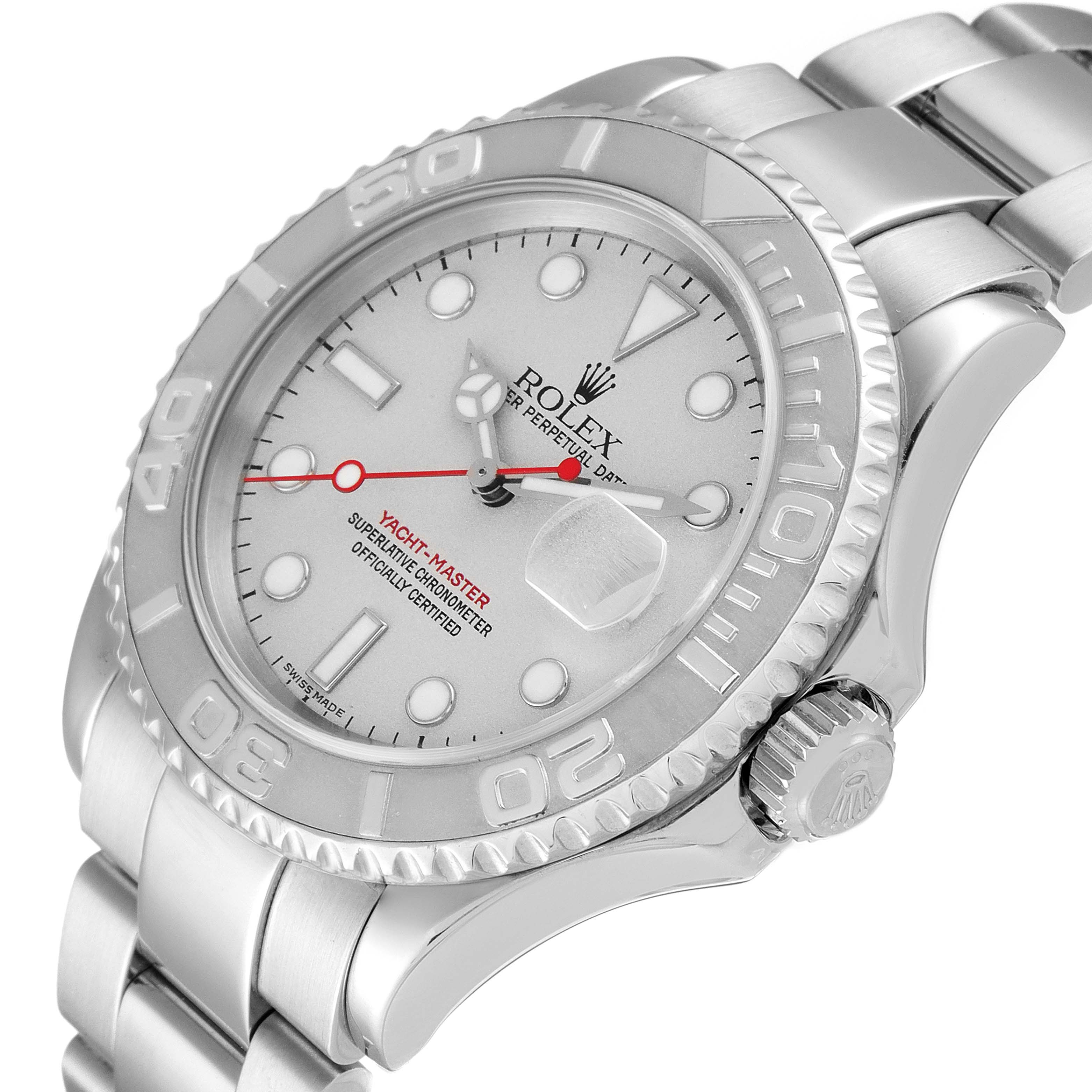 The Rolex Yacht-Master 16622 Men's Stainless Steel Silver Dial 16622 Men's Stainless Steel Silver Dial watch is shown at an angle highlighting its face, bezel, crown, and part of the bracelet.