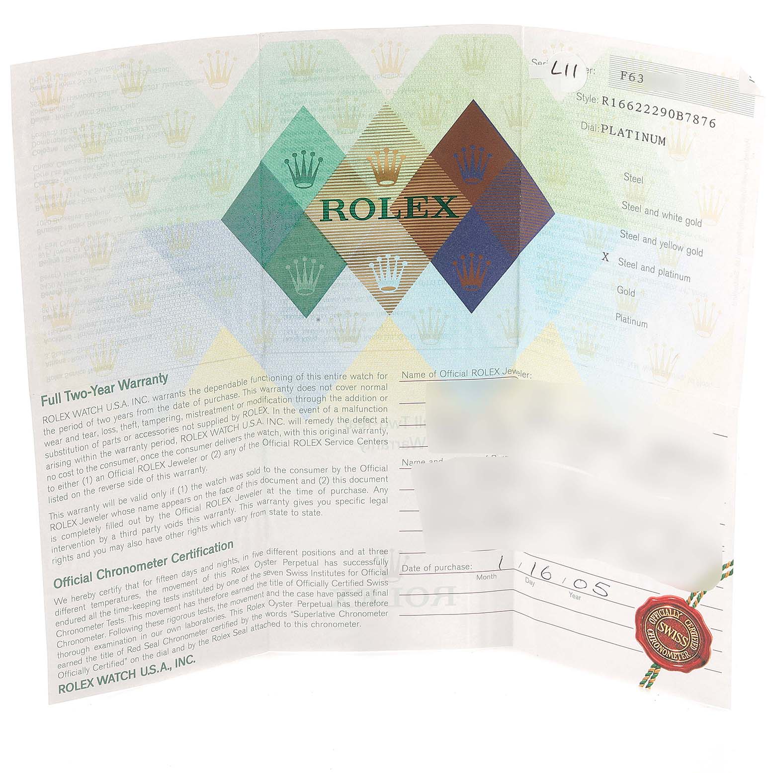 This image shows a warranty and official chronometer certification document for a Rolex Yacht-Master 16622 Men's Stainless Steel Silver Dial 16622 Men's Stainless Steel Silver Dial watch.