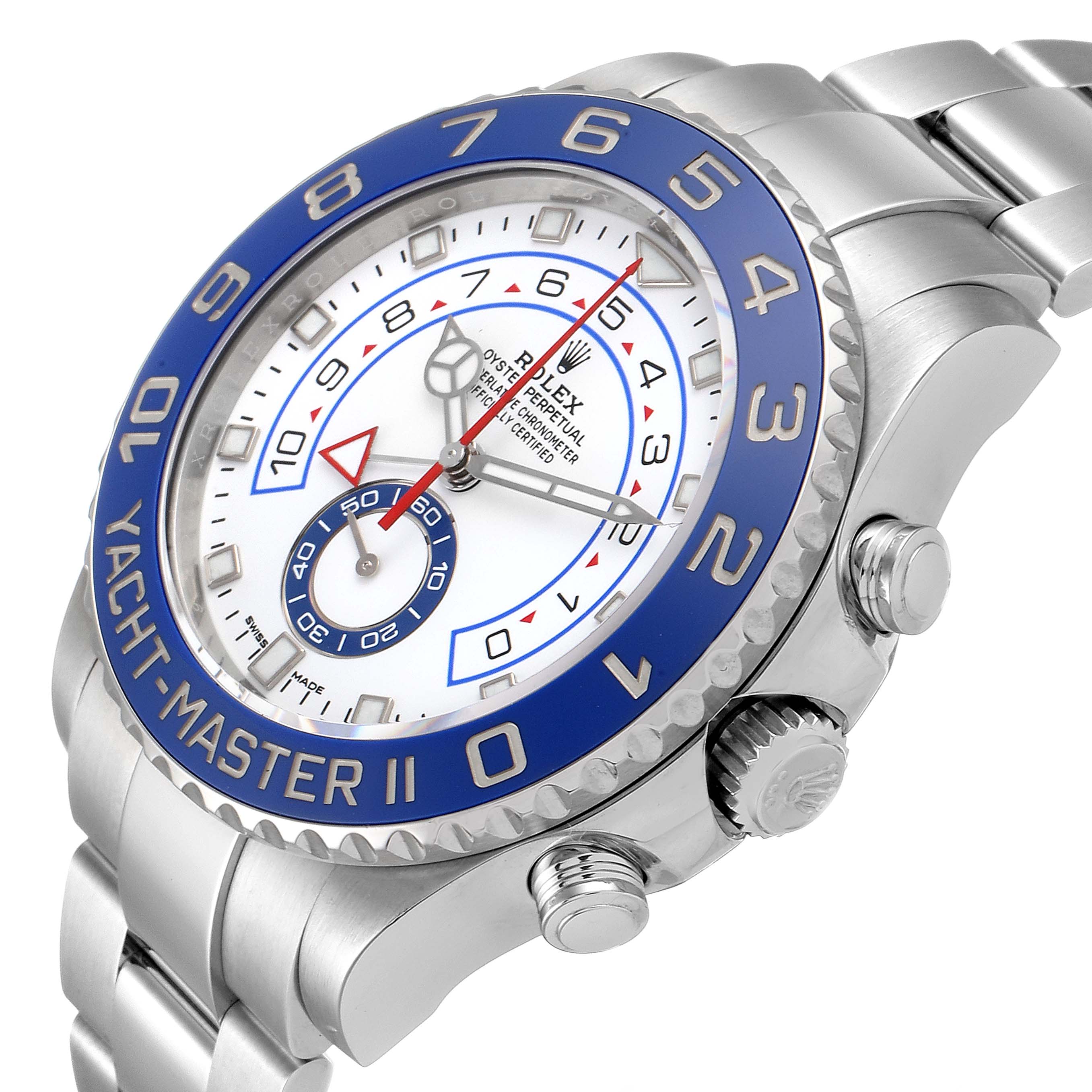 The image shows a side-angle view of the Rolex Yacht-Master 116680 Men
s Stainless Steel White Dial 116680 Men
s Stainless Steel White Dial II watch, highlighting the dial, bezel, and pushers.