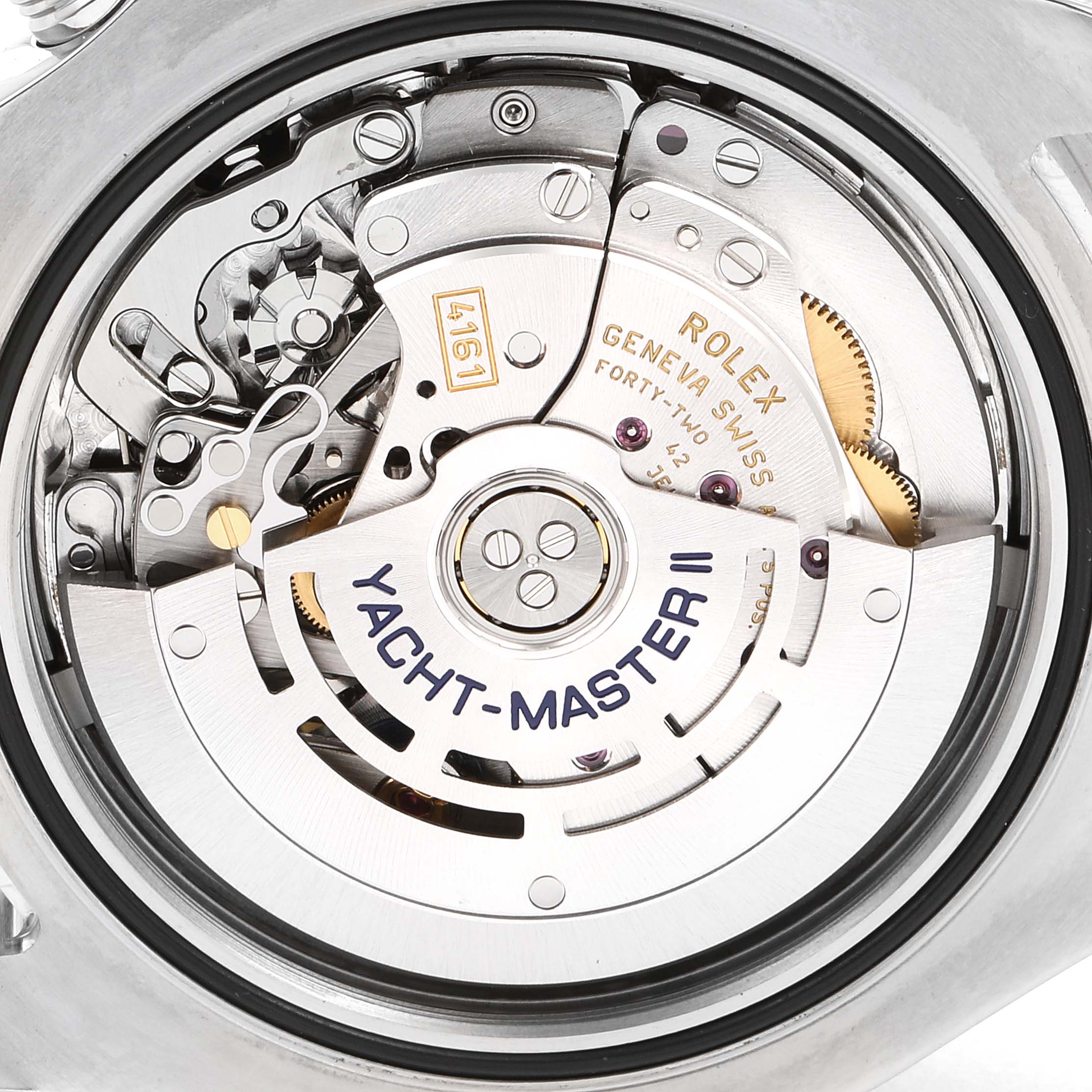 This image shows the intricate internal mechanism of the Rolex Yacht-Master 116680 Men
s Stainless Steel White Dial 116680 Men
s Stainless Steel White Dial II watch from the back.