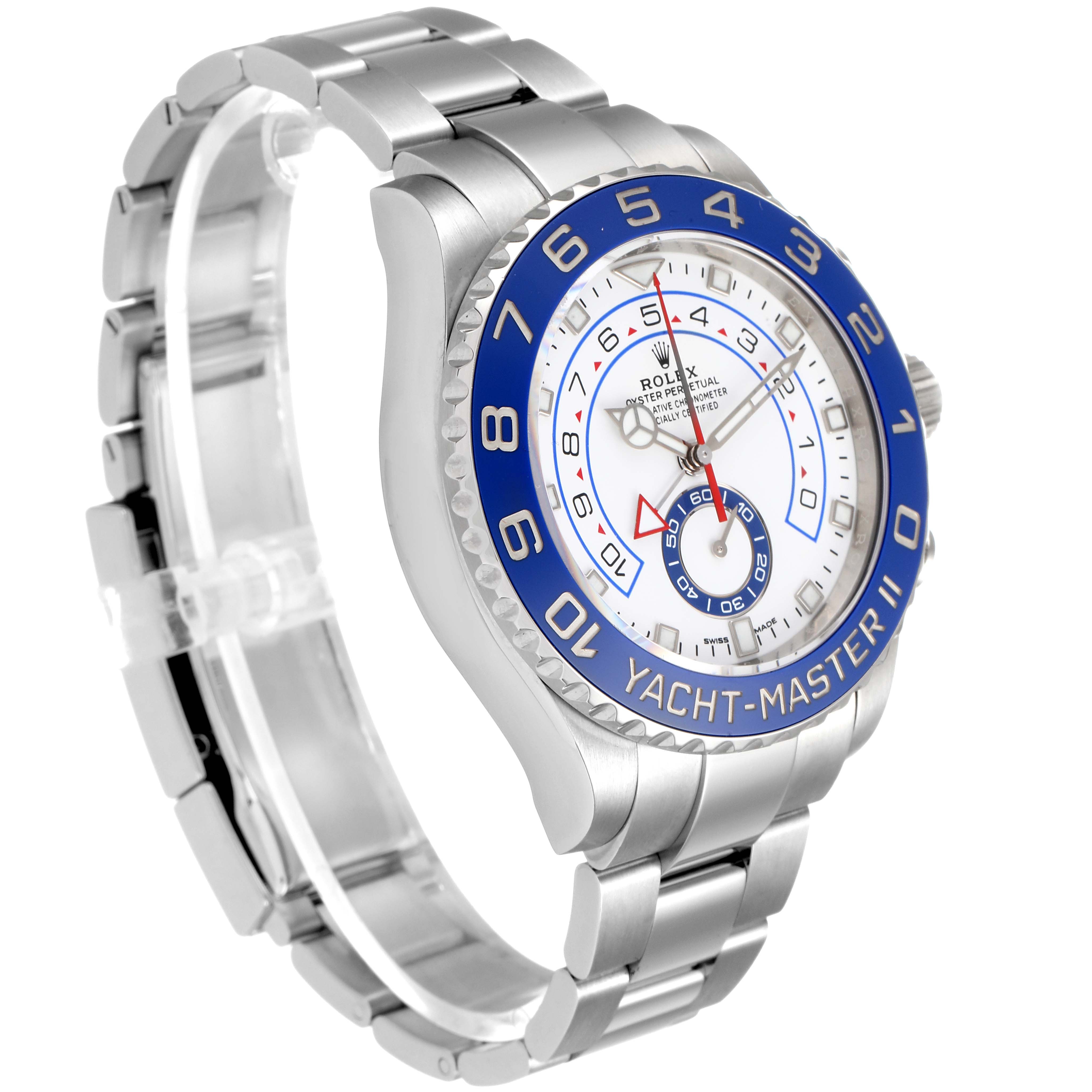 The Rolex Yacht-Master 116680 Men
s Stainless Steel White Dial 116680 Men
s Stainless Steel White Dial watch is shown at a three-quarter angle, highlighting the face, bezel, and bracelet.