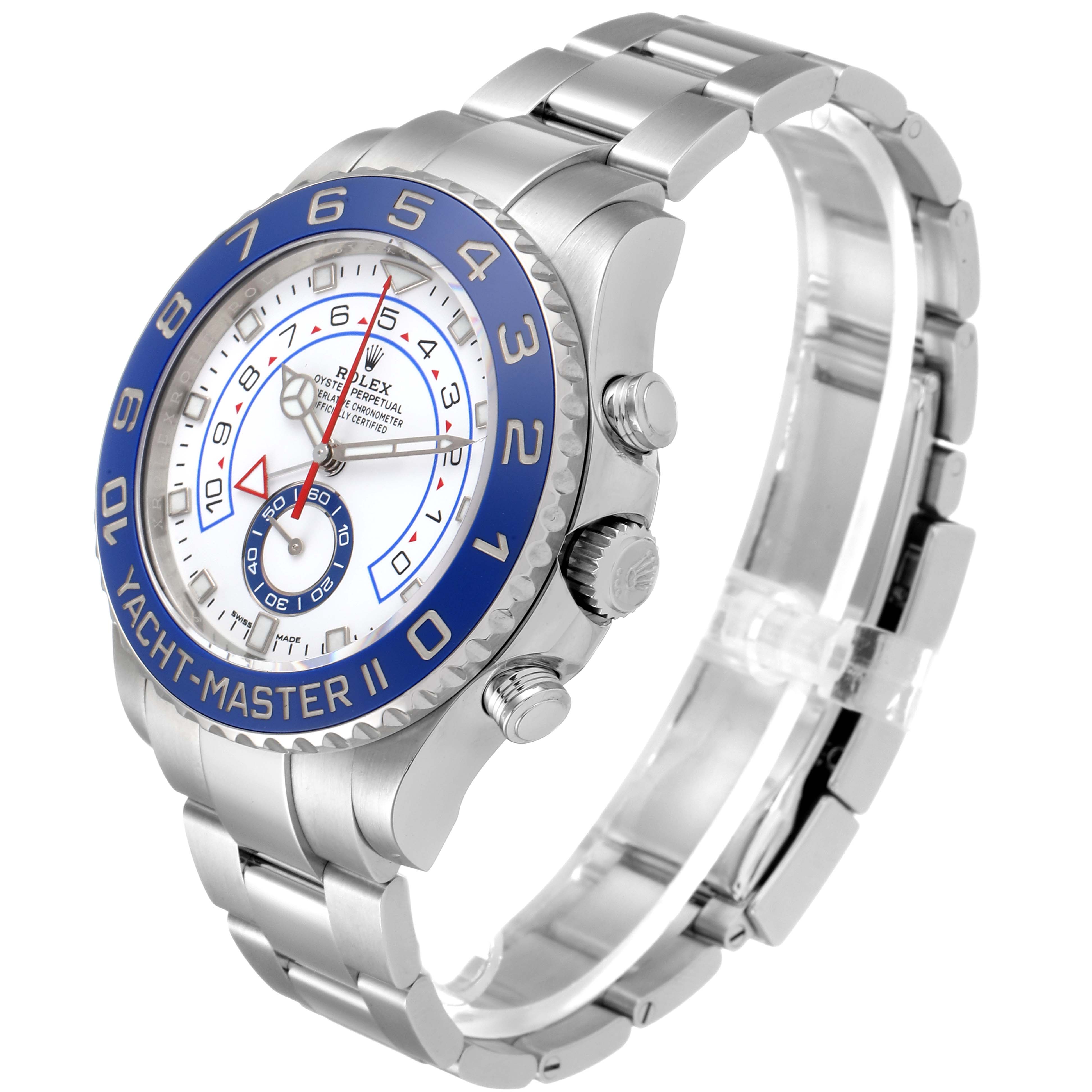 This image shows a Rolex Yacht-Master 116680 Men
s Stainless Steel White Dial 116680 Men
s Stainless Steel White Dial II watch, highlighting the face, bezel, crown, and part of the bracelet at a slightly angled side view.
