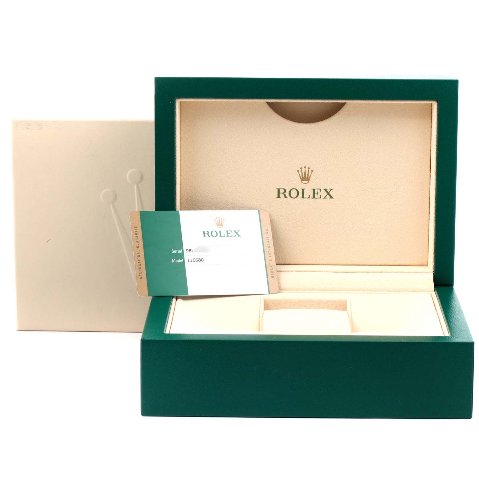 This image shows an open Rolex Yacht-Master 116680 Men
s Stainless Steel White Dial 116680 Men
s Stainless Steel White Dial watch box with a model card displaying "116680."