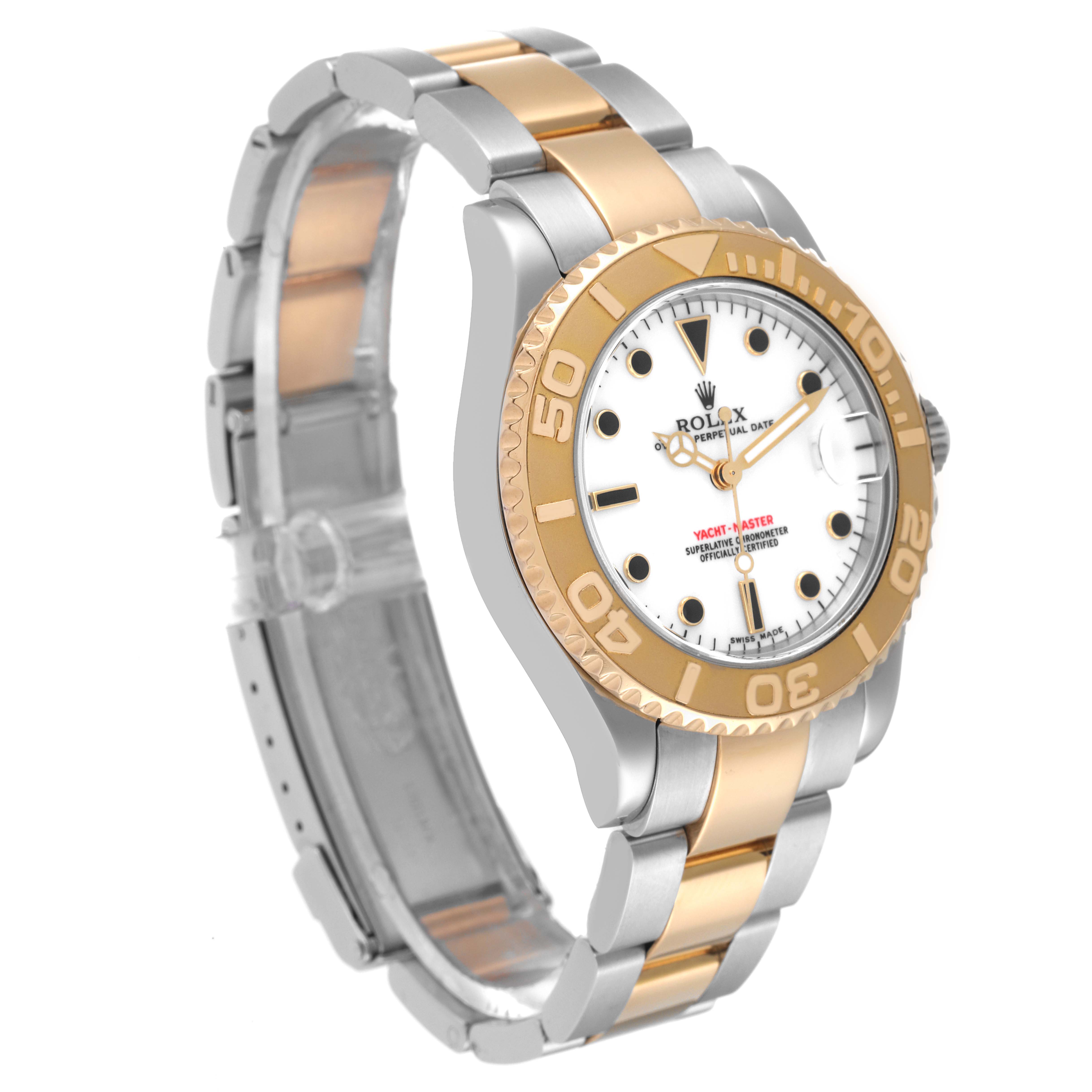 The image shows a side angle of the Rolex Yacht-Master 168623 Men
s Steel and Gold (two tone) White Dial 168623 Men
s Steel and Gold (two tone) White Dial watch, highlighting its two-tone bracelet, bezel, and white dial.