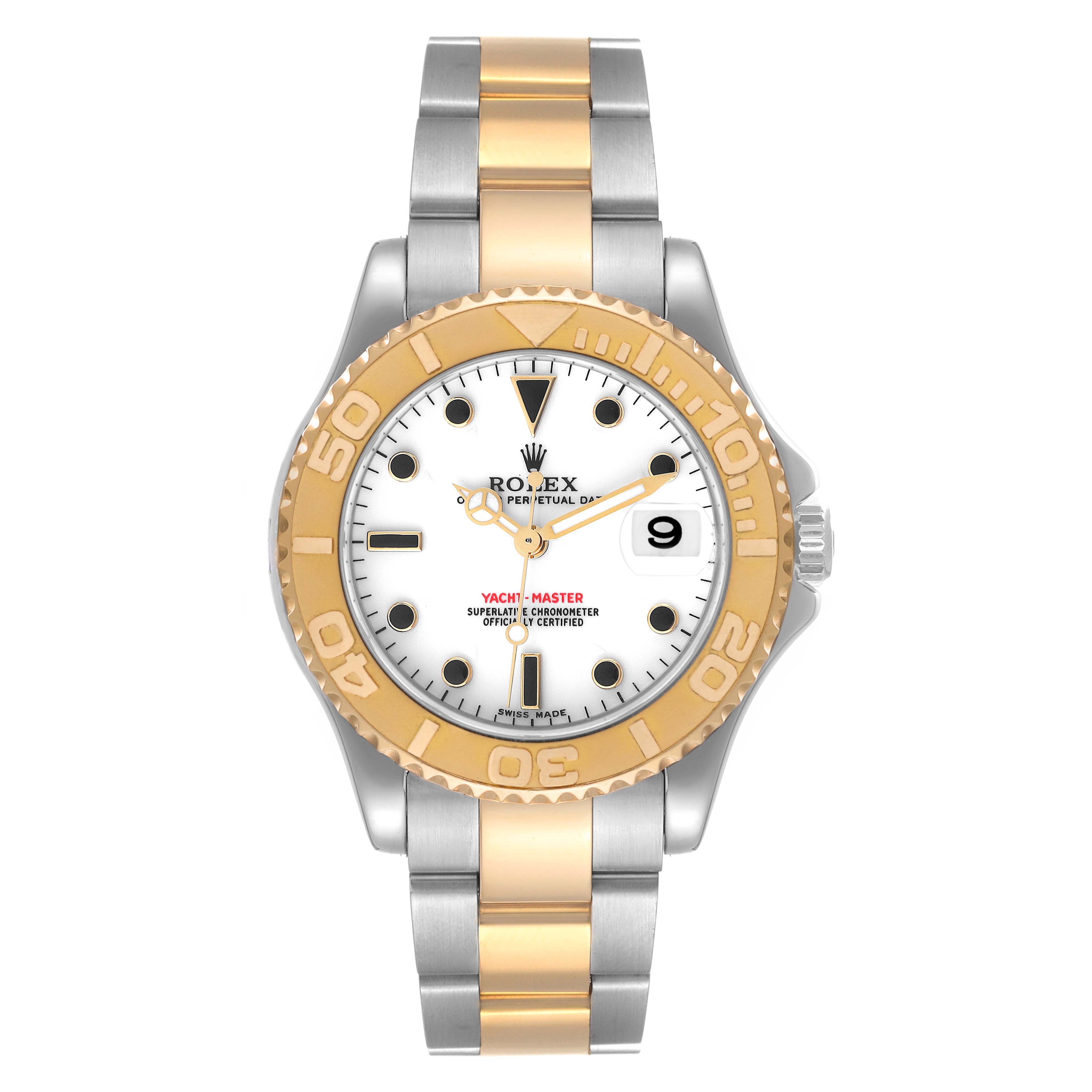This Rolex Yacht-Master 168623 Men
s Steel and Gold (two tone) White Dial 168623 Men
s Steel and Gold (two tone) White Dial watch is shown from a top-down angle, highlighting the bezel, dial, and bracelet.
