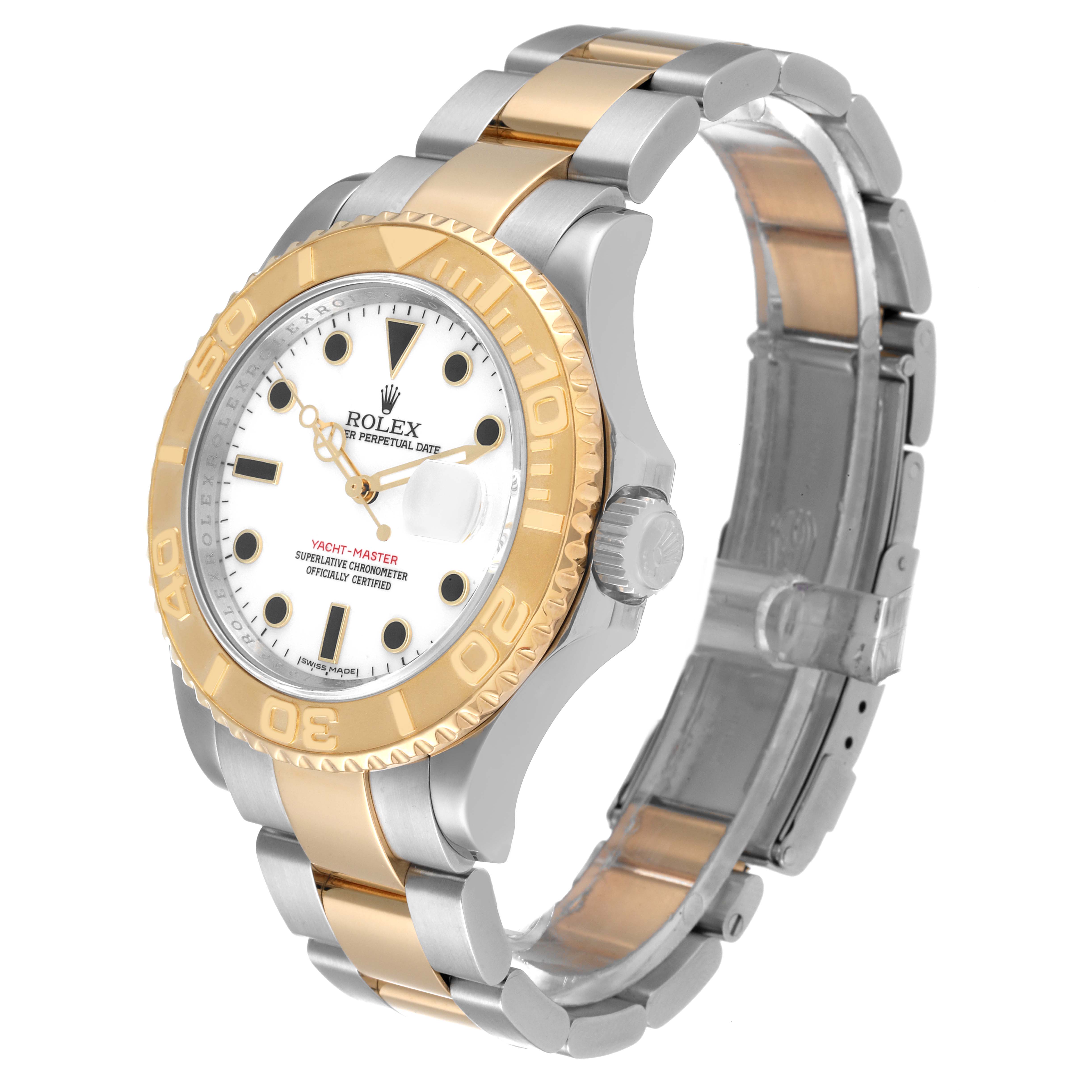 The image shows a Rolex Yacht-Master 16623 Men
s Steel and Gold (two tone) White Dial 16623 Men
s Steel and Gold (two tone) White Dial watch at a three-quarter angle, highlighting the face, bezel, and part of the two-tone bracelet.