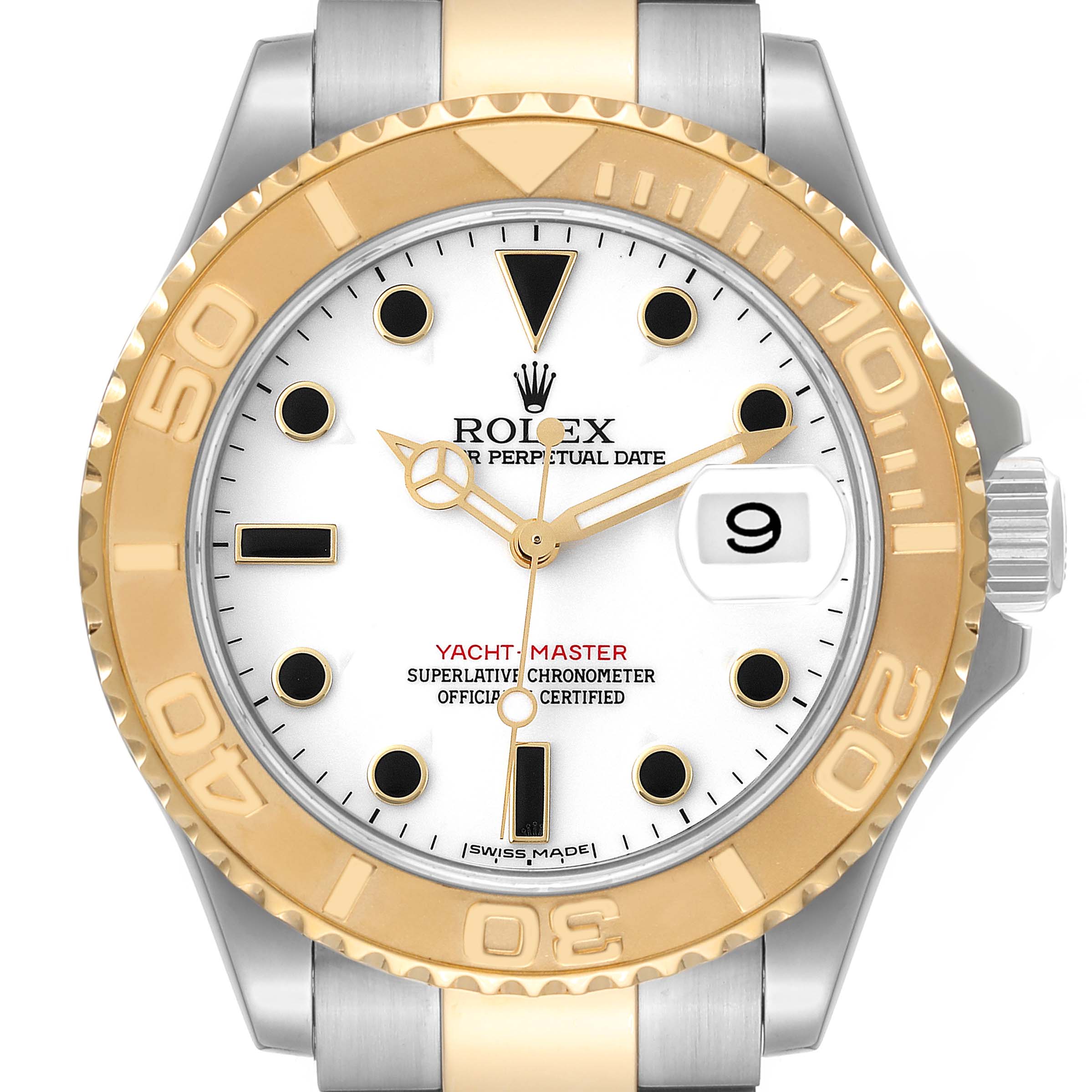 This image shows a front view of the Rolex Yacht-Master 16623 Men
s Steel and Gold (two tone) White Dial 16623 Men
s Steel and Gold (two tone) White Dial watch, highlighting its dial, bezel, and crown.