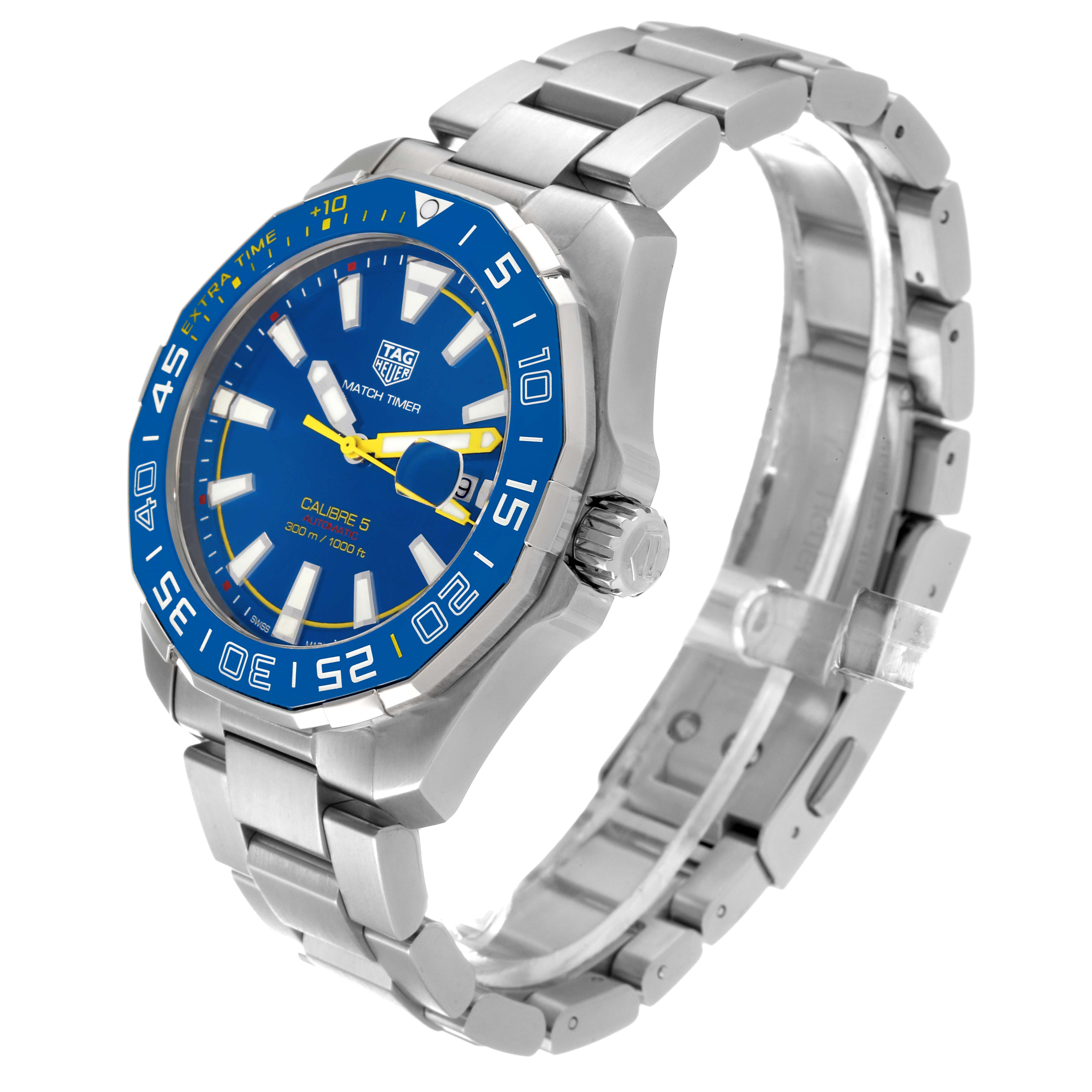 The image shows a side view of the Tag Heuer Aquaracer WAY201H.BA0927 Men
s Stainless Steel Blue Dial WAY201H.BA0927 Men
s Stainless Steel Blue Dial watch, highlighting the bezel, dial, crown, and stainless steel bracelet.