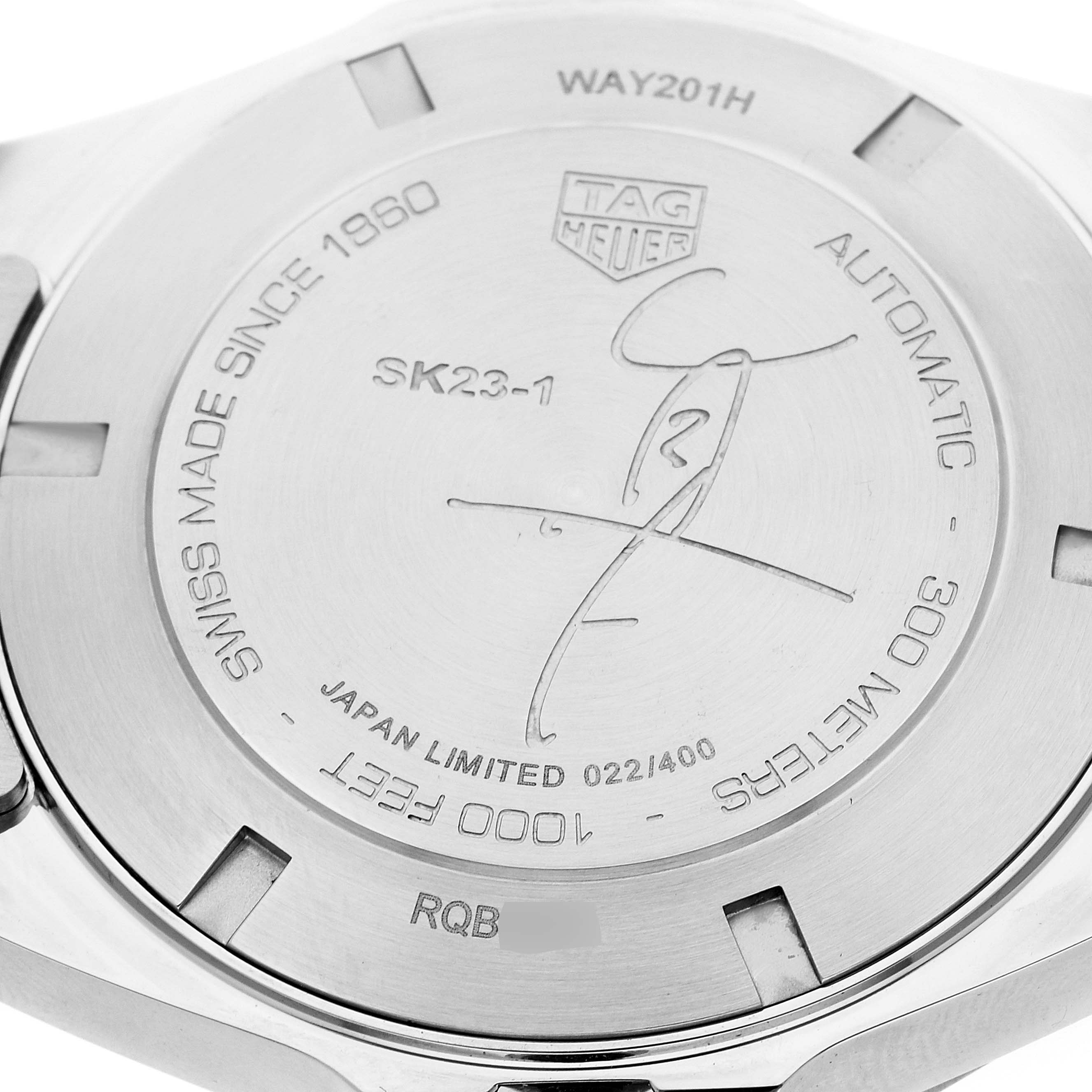 The image shows the back case and engravings of a Tag Heuer WAY201H Limited Edition model watch.
