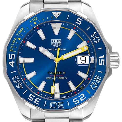 The Tag Heuer Aquaracer watch is shown from a front angle, highlighting the dial, hands, bezel, and crown.