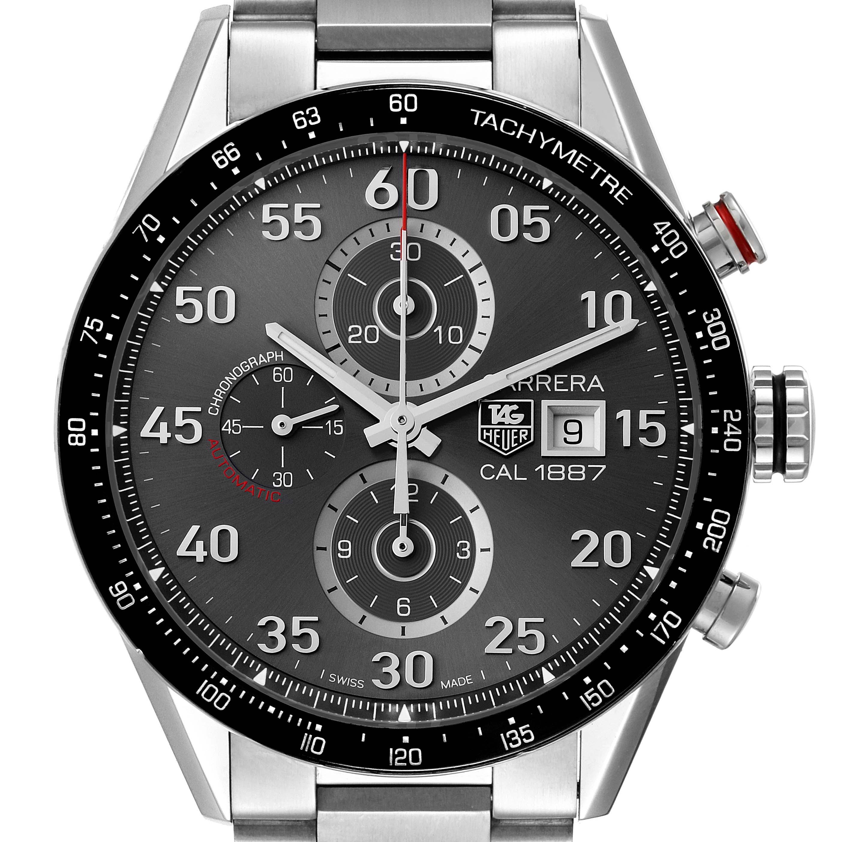 The image shows a frontal view of the Tag Heuer Carrera CAR2A11.BA0799 Men's Stainless Steel Grey Dial CAR2A11.BA0799 Men's Stainless Steel Grey Dial watch, highlighting the dial, chronograph subdials, tachymeter bezel, and date display.