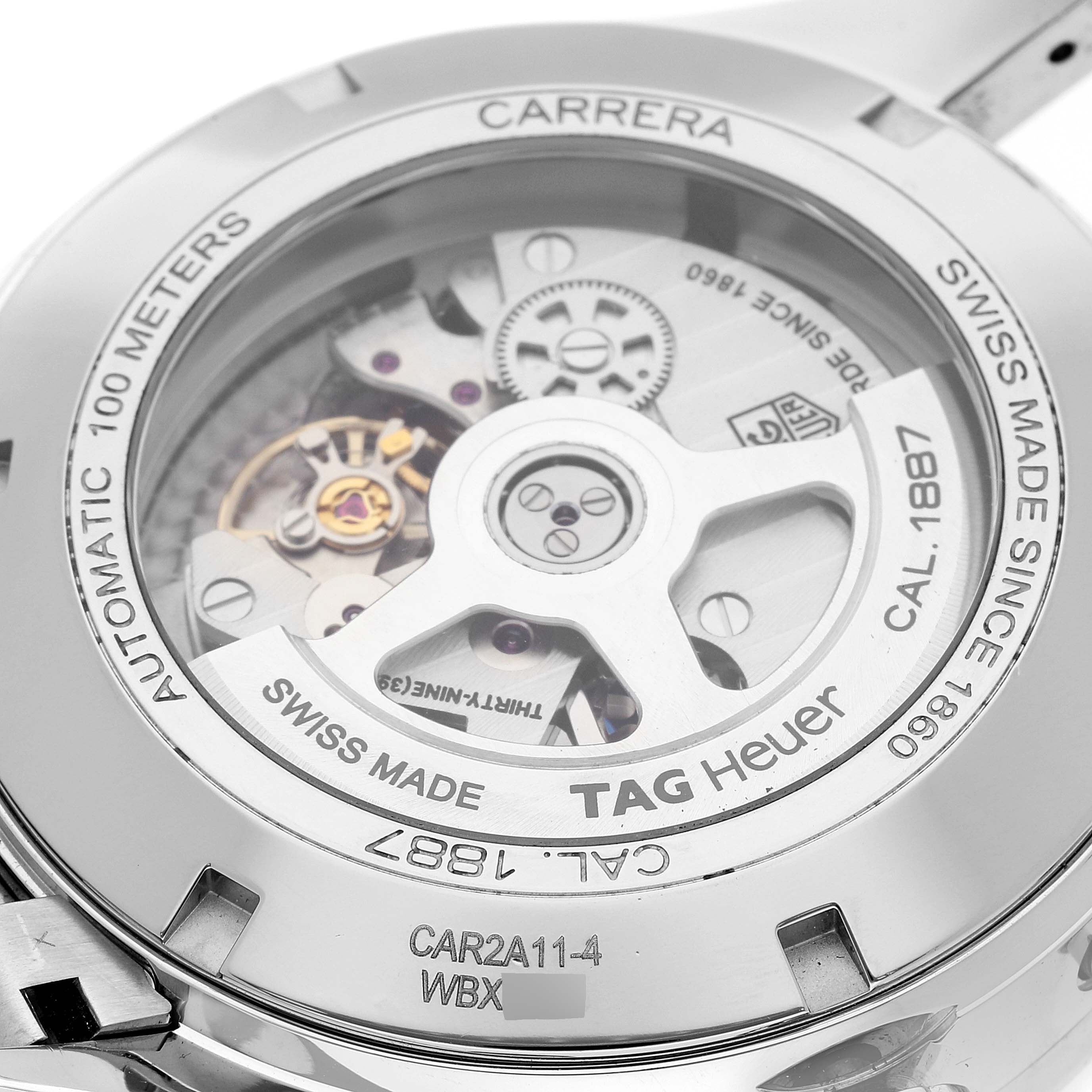 The image shows the back of a Tag Heuer Carrera CAR2A11.BA0799 Men's Stainless Steel Grey Dial CAR2A11.BA0799 Men's Stainless Steel Grey Dial watch, featuring its exposed movement and inscriptions.