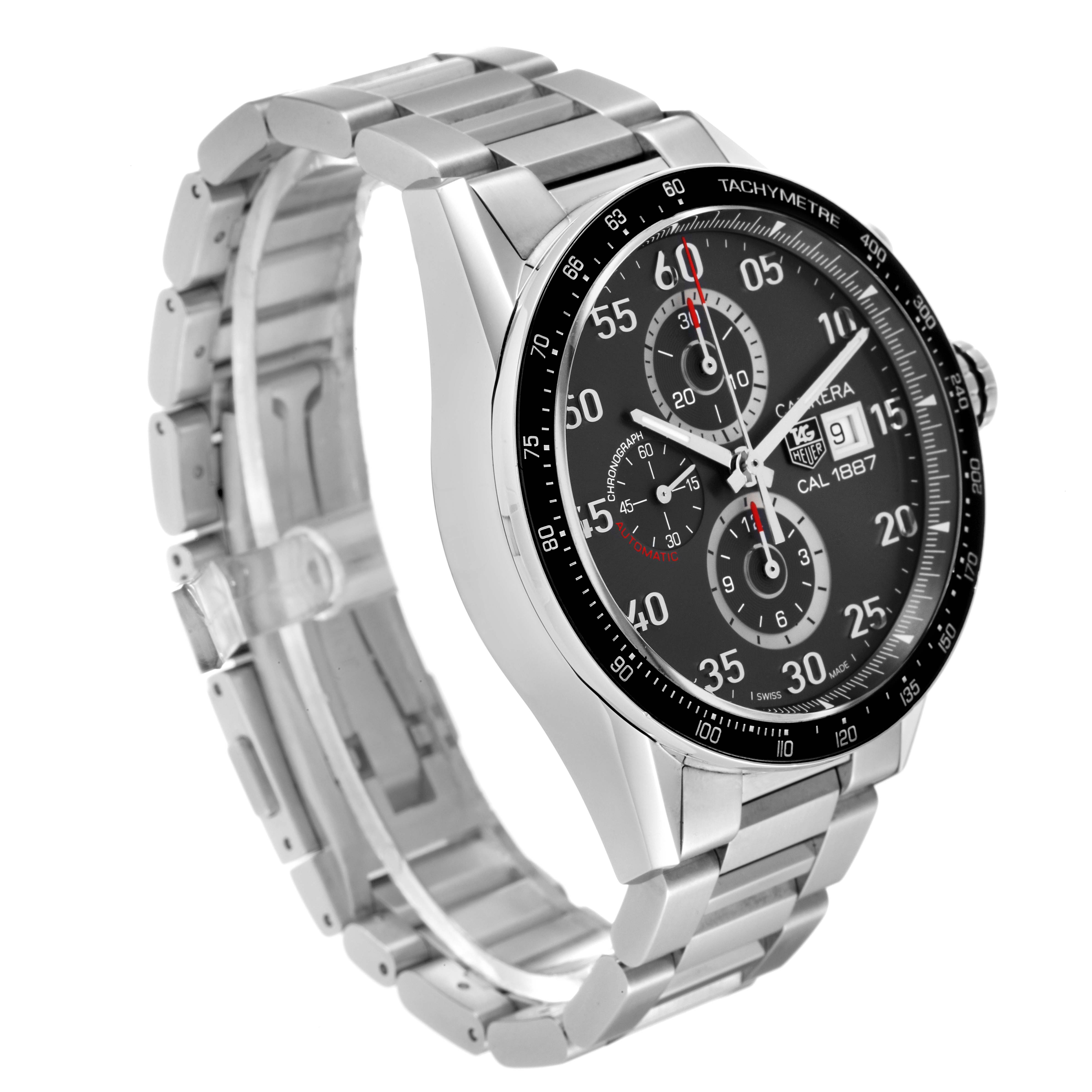 The Tag Heuer Carrera CAR2A11.BA0799 Men's Stainless Steel Grey Dial CAR2A11.BA0799 Men's Stainless Steel Grey Dial watch is shown at a three-quarter angle, displaying the face, dials, and metal bracelet.