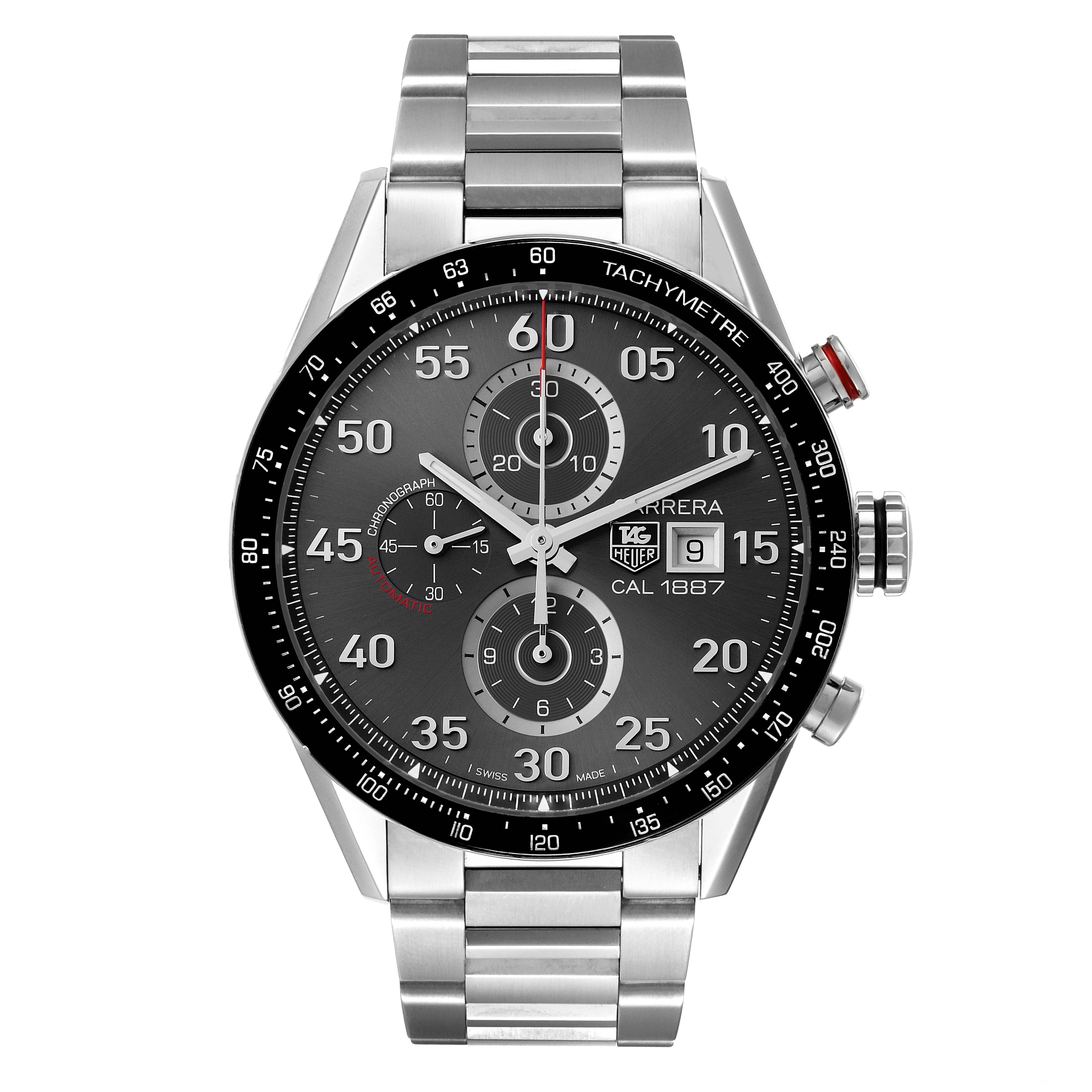 This image shows a front view of the Tag Heuer Carrera CAR2A11.BA0799 Men's Stainless Steel Grey Dial CAR2A11.BA0799 Men's Stainless Steel Grey Dial watch, featuring the face, bezel, dial, and part of the steel bracelet.