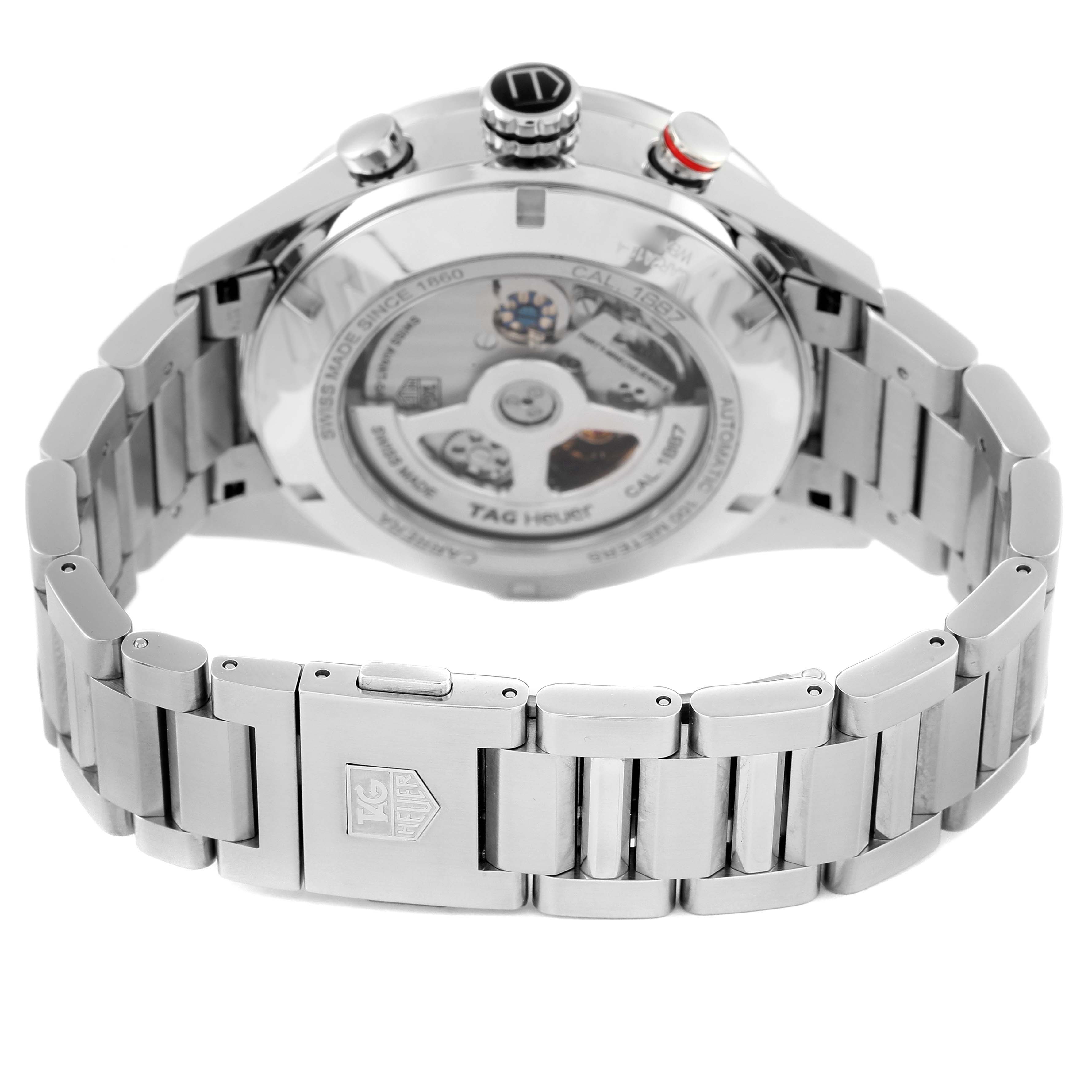 The image shows the back view of a Tag Heuer Carrera CAR2A11.BA0799 Men's Stainless Steel Grey Dial CAR2A11.BA0799 Men's Stainless Steel Grey Dial watch, highlighting the movement and the stainless steel bracelet.