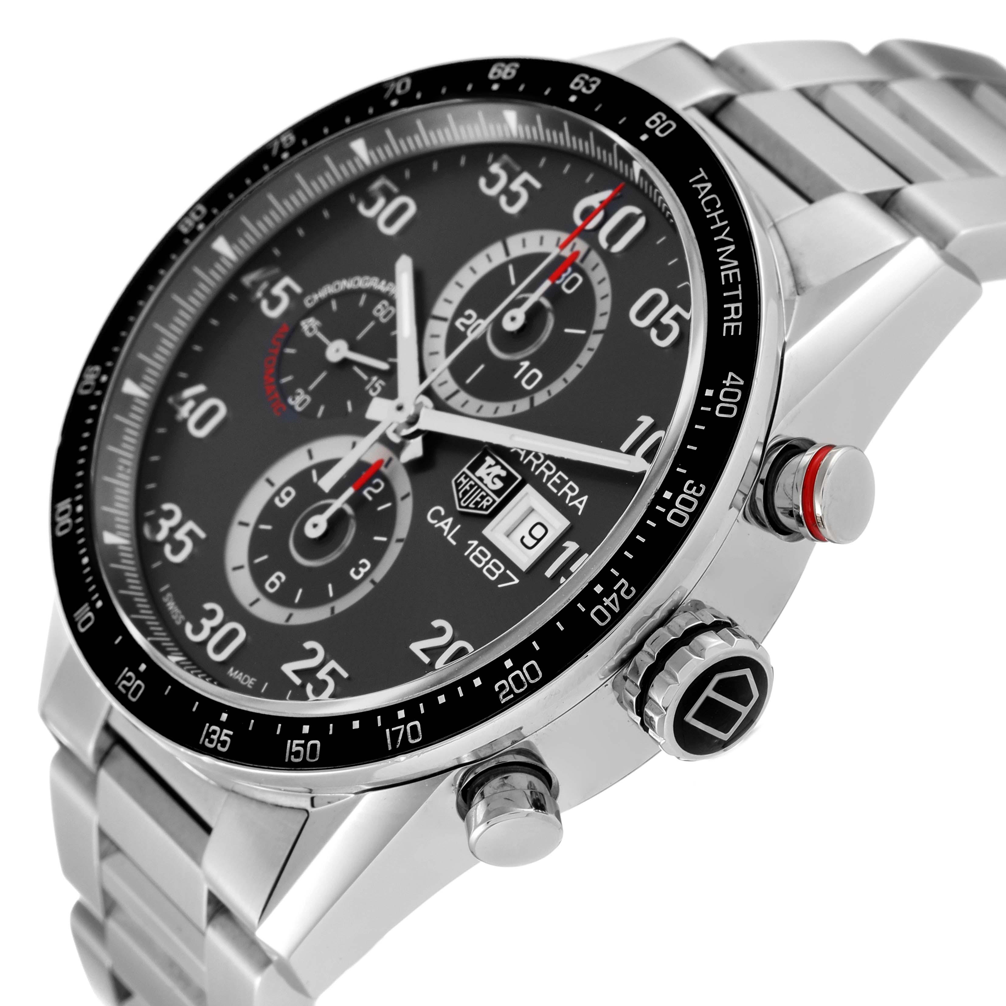 The image shows a close-up side angle of the Tag Heuer Carrera CAR2A11.BA0799 Men's Stainless Steel Grey Dial CAR2A11.BA0799 Men's Stainless Steel Grey Dial chronograph, displaying the dial, bezel, and pushers.