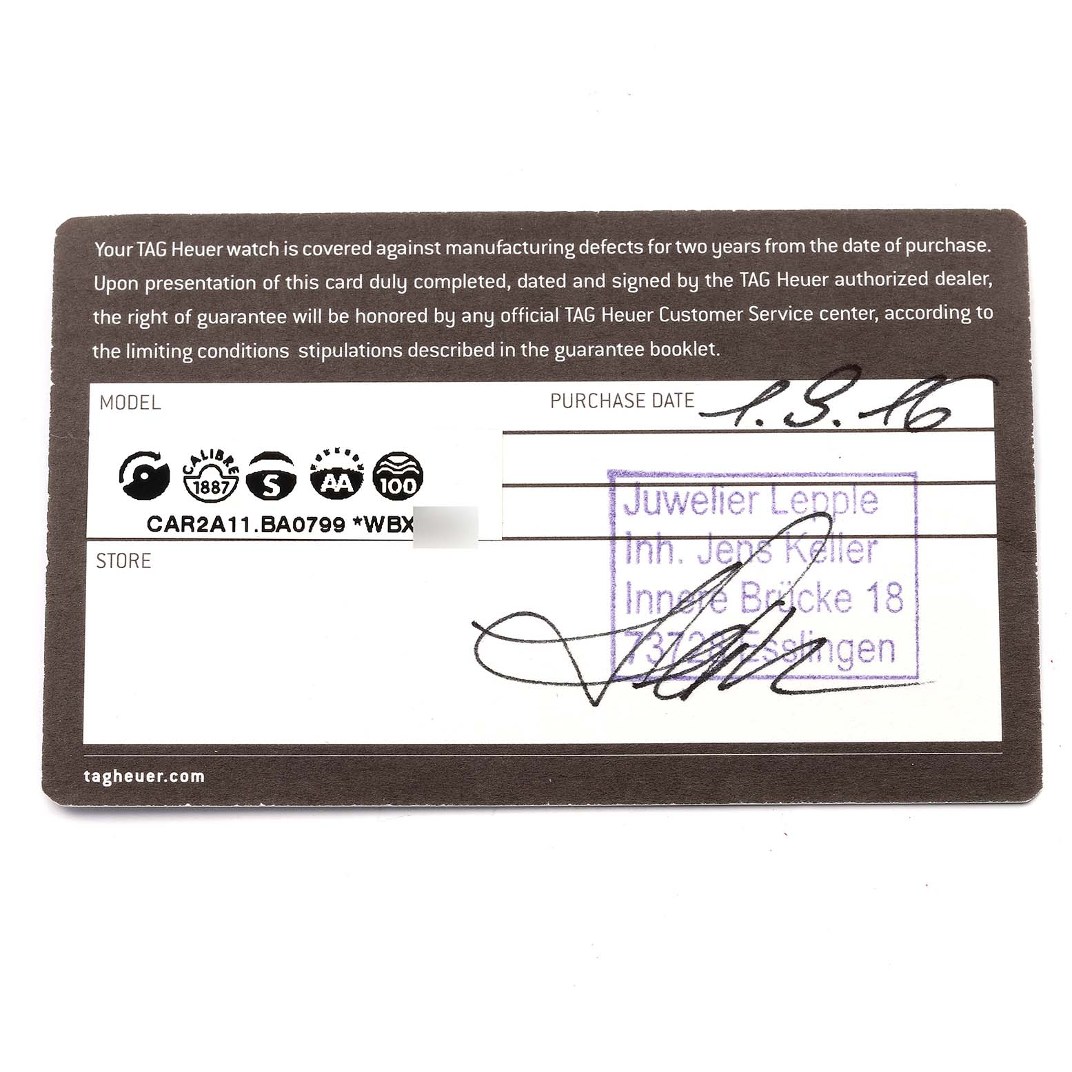 This shows the warranty card for the Tag Heuer Carrera CAR2A11.BA0799 Men's Stainless Steel Grey Dial CAR2A11.BA0799 Men's Stainless Steel Grey Dial model CAR2A11.BA0799.