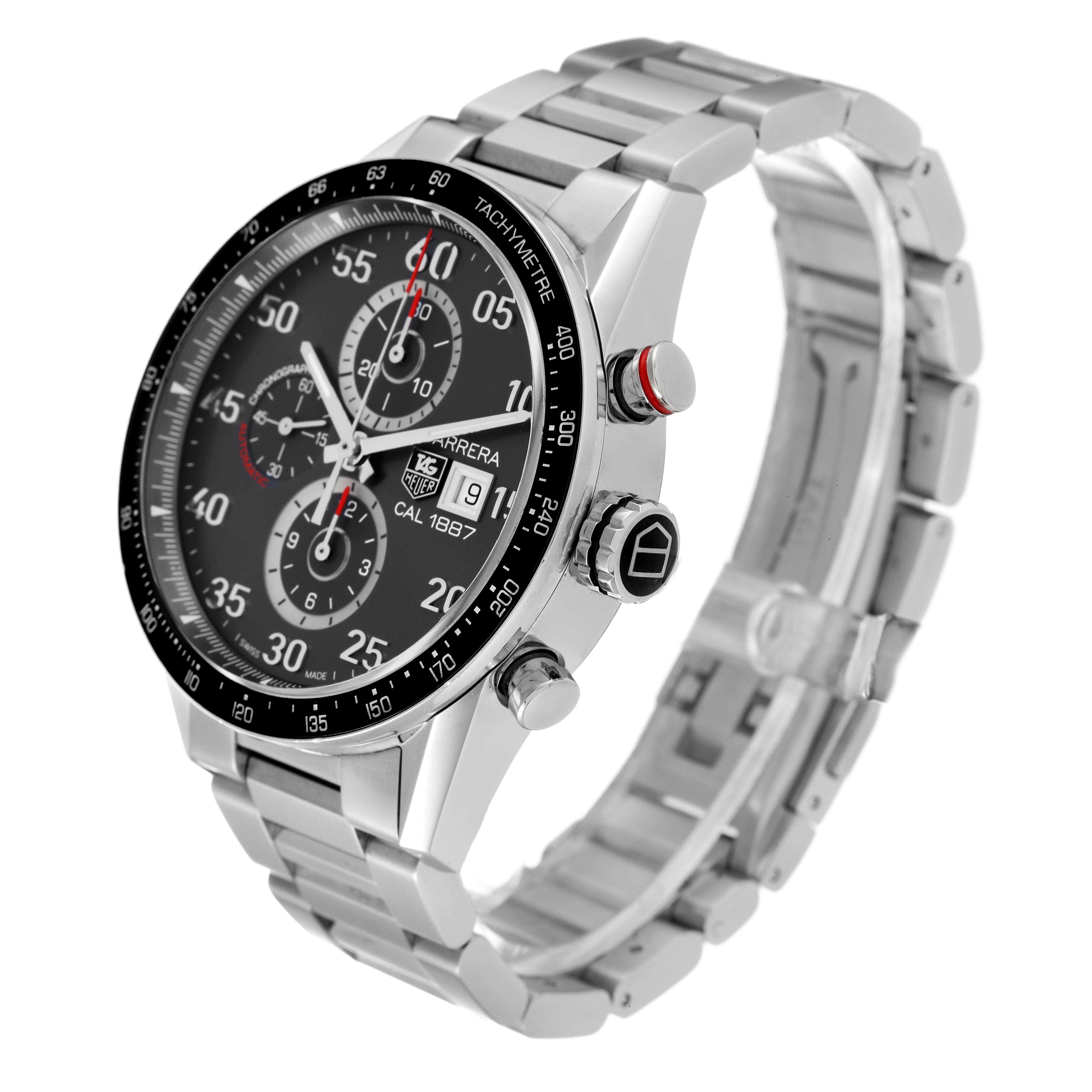 This image shows a Tag Heuer Carrera CAR2A11.BA0799 Men's Stainless Steel Grey Dial CAR2A11.BA0799 Men's Stainless Steel Grey Dial watch at a three-quarter angle, highlighting its face, bezel, crown, and bracelet.