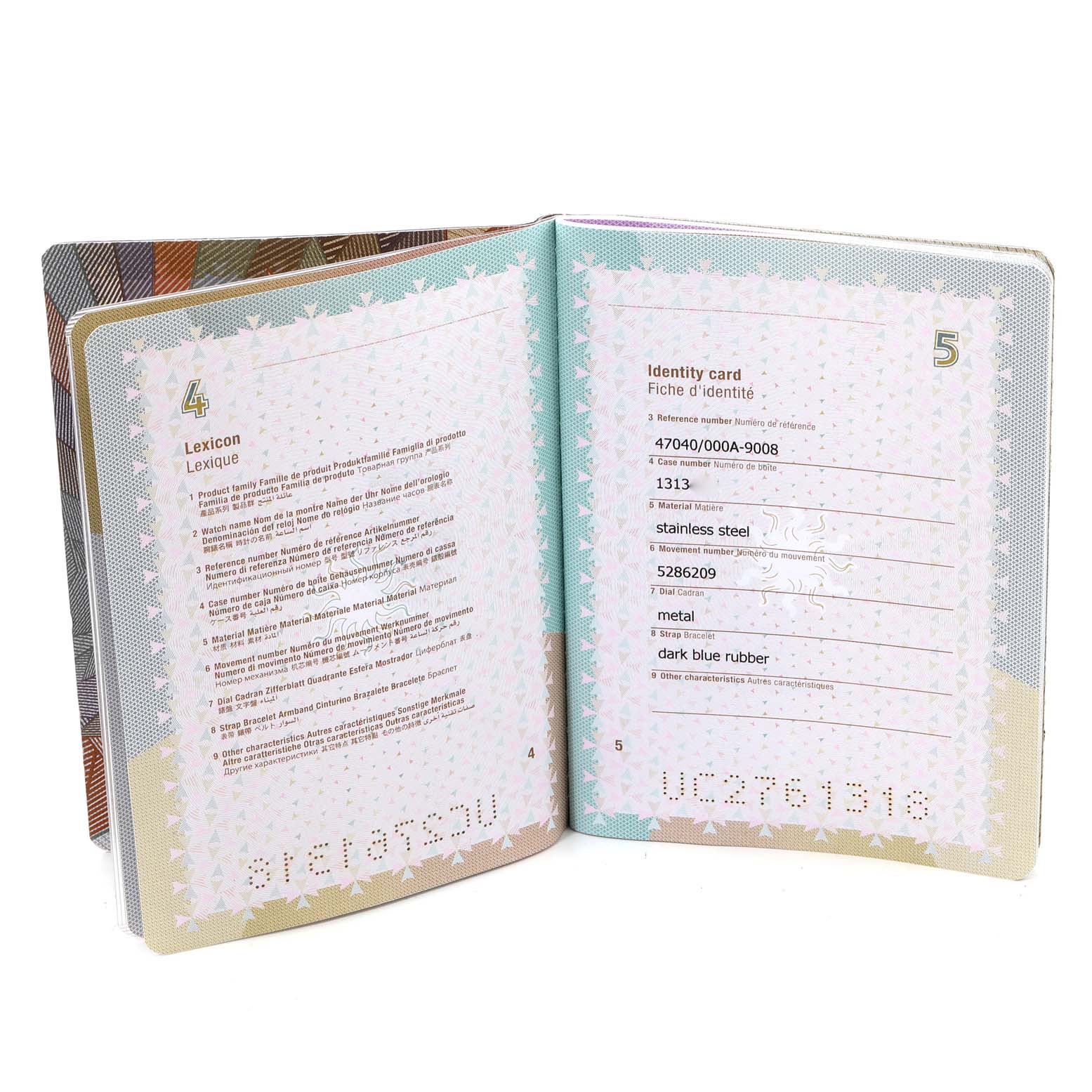 The image shows the open booklet documentation for a Vacheron Constantin Overseas 47040/000A-9008 Men
s Stainless Steel Blue Dial 47040/000A-9008 Men
s Stainless Steel Blue Dial model watch.