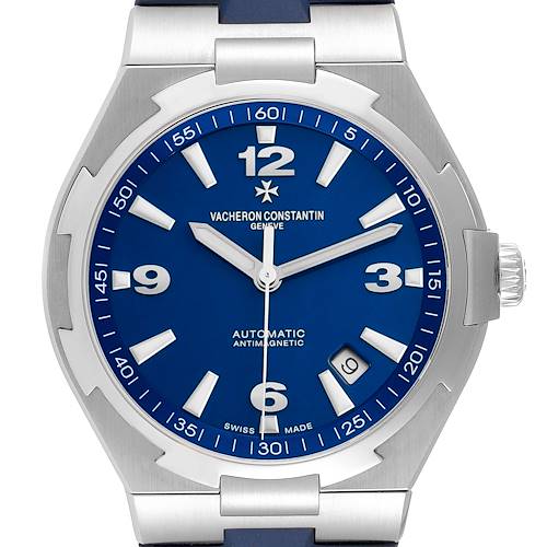 The Vacheron Constantin Overseas 47040/000A-9008 Men's Stainless Steel Blue Dial watch is shown from the front, featuring its blue dial, stainless steel case, and visible crown.