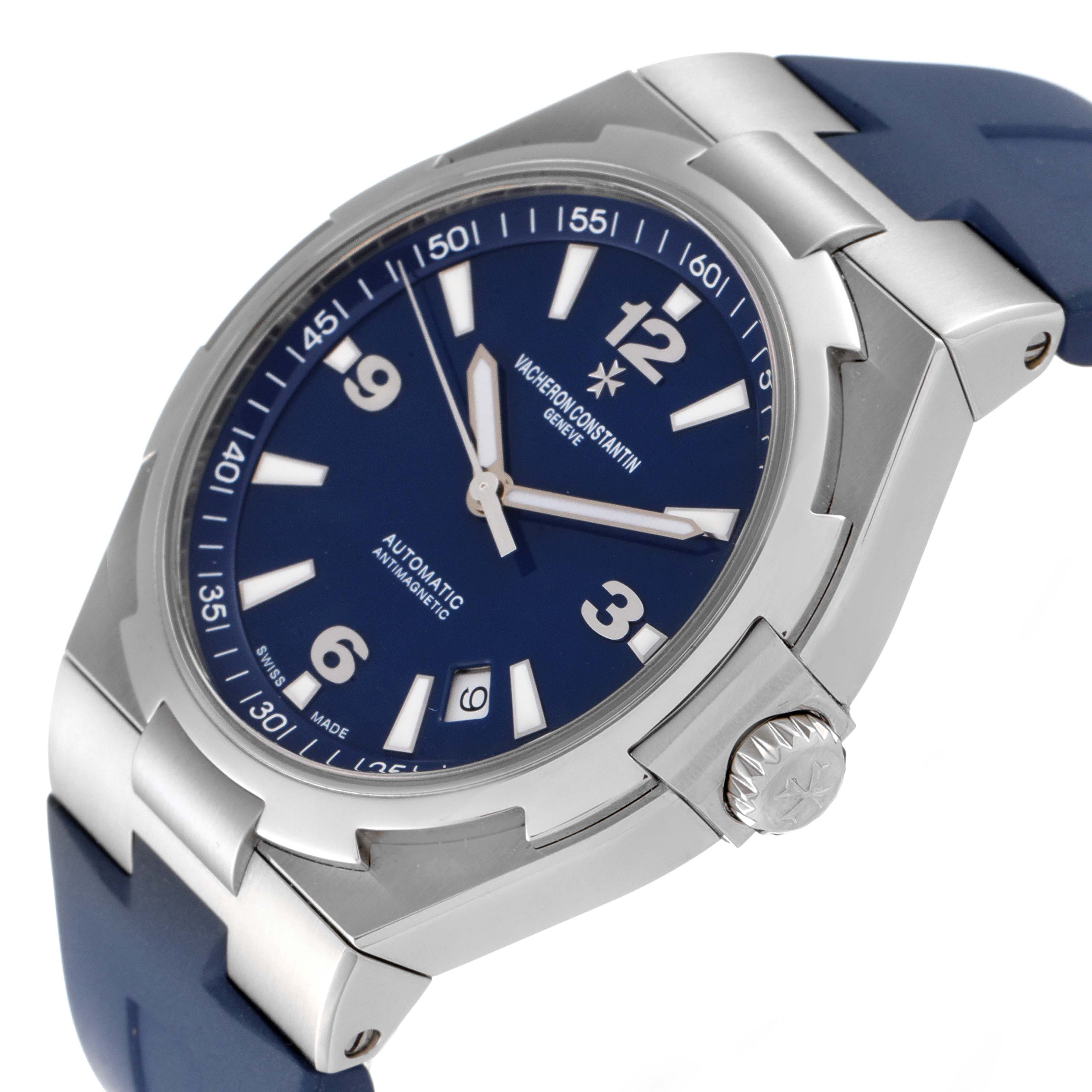 This image shows a side angle of the Vacheron Constantin Overseas 47040/000A-9008 Men
s Stainless Steel Blue Dial 47040/000A-9008 Men
s Stainless Steel Blue Dial model, detailing the crown, case, and face with a blue strap.