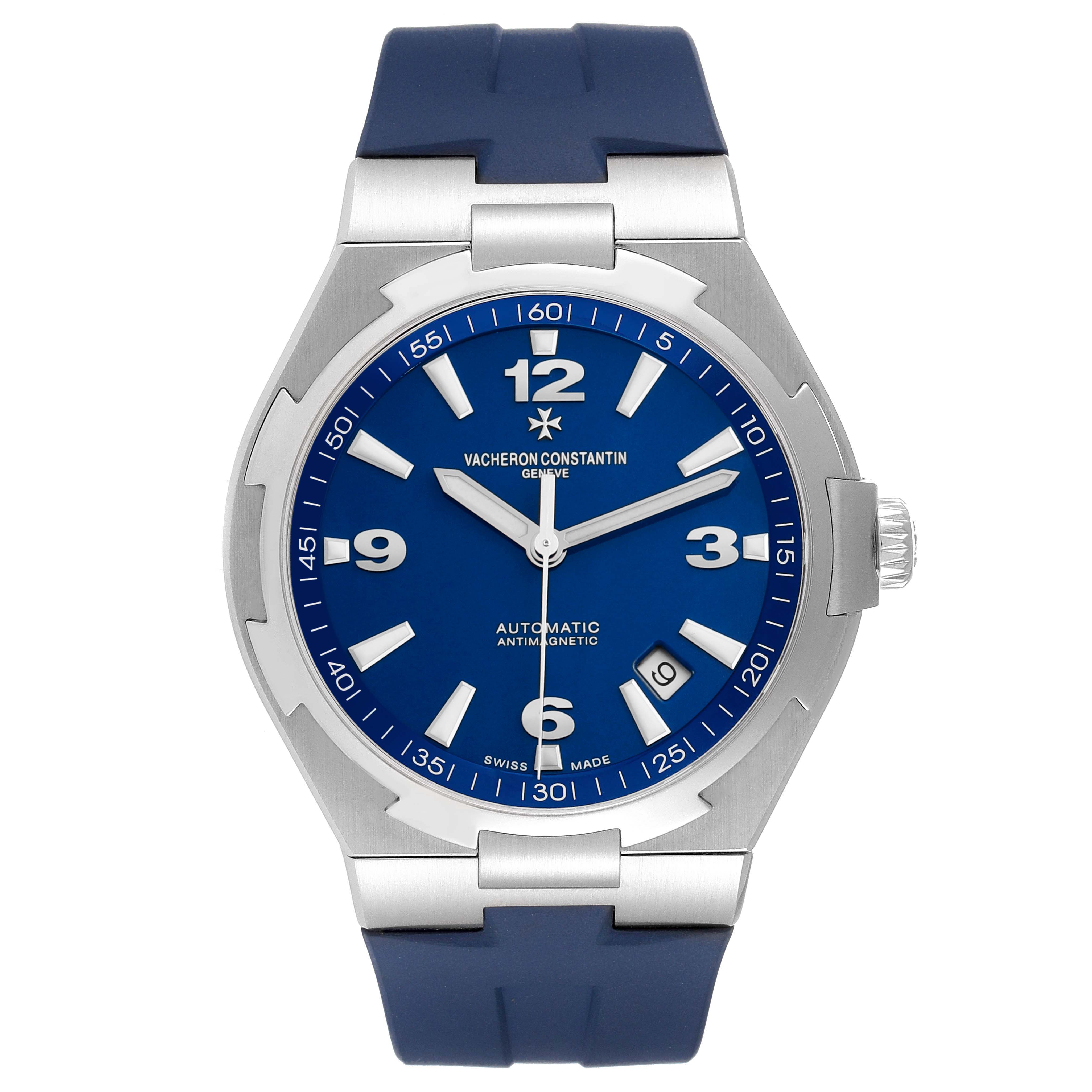 The Vacheron Constantin Overseas 47040/000A-9008 Men's Stainless Steel Blue Dial watch is shown from a front angle, highlighting its blue dial, silver bezel, and blue strap.