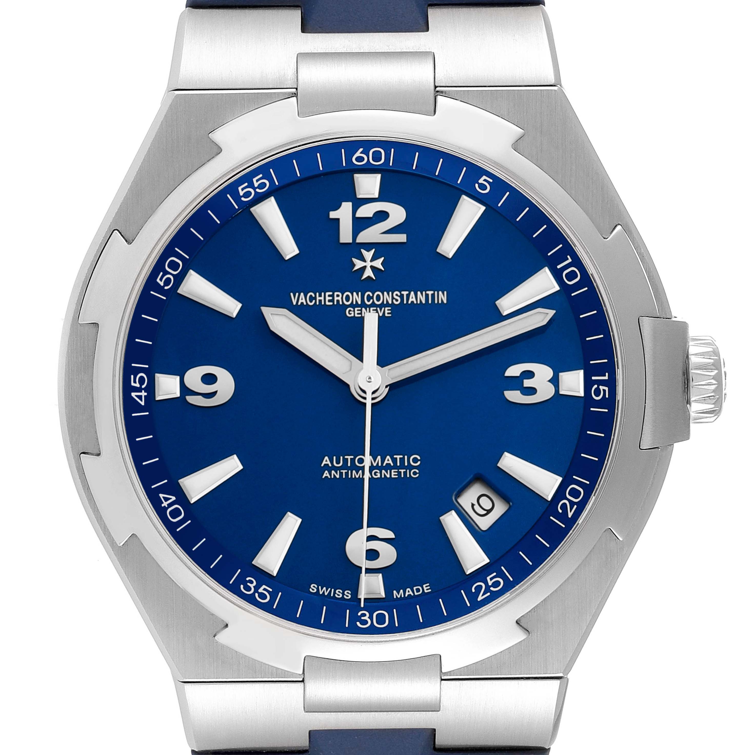The Vacheron Constantin Overseas 47040/000A-9008 Men's Stainless Steel Blue Dial watch is shown from the front, highlighting the blue dial, hour markers, and bezel.