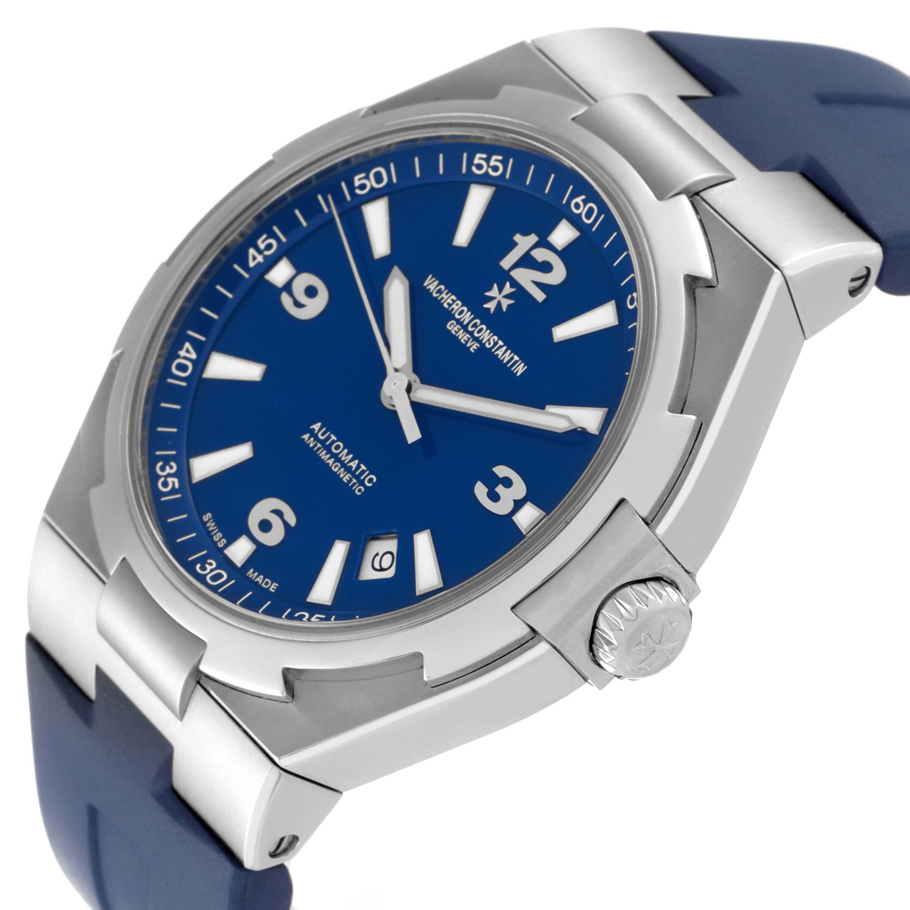 The Vacheron Constantin Overseas 47040/000A-9008 Men's Stainless Steel Blue Dial watch is shown from a side angle, featuring the dial, crown, and part of the strap.
