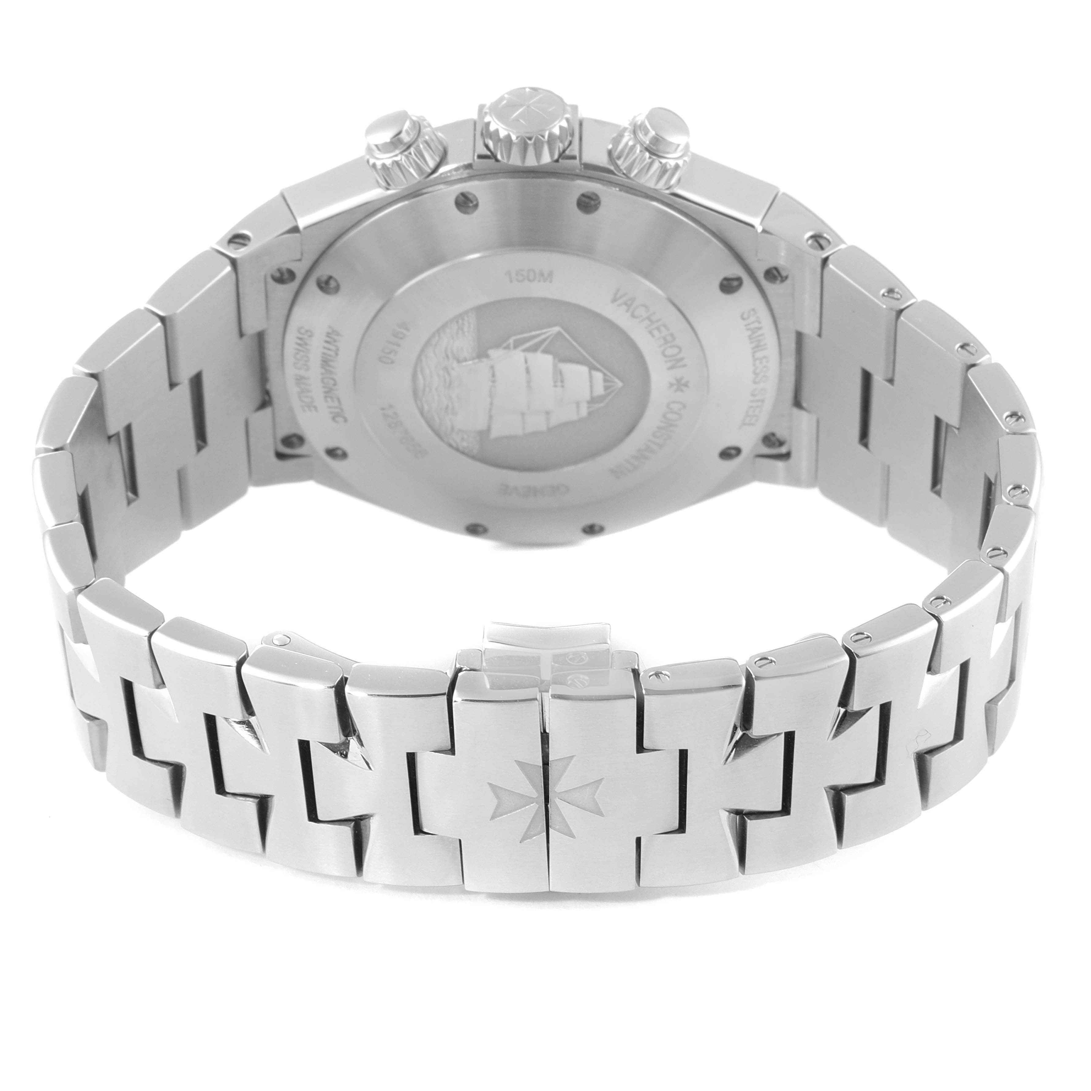 The image shows the back case and part of the bracelet of the Vacheron Constantin Overseas 49150.B01A.9097 Men's Stainless Steel Blue Dial 49150.B01A.9097 Men's Stainless Steel Blue Dial watch.